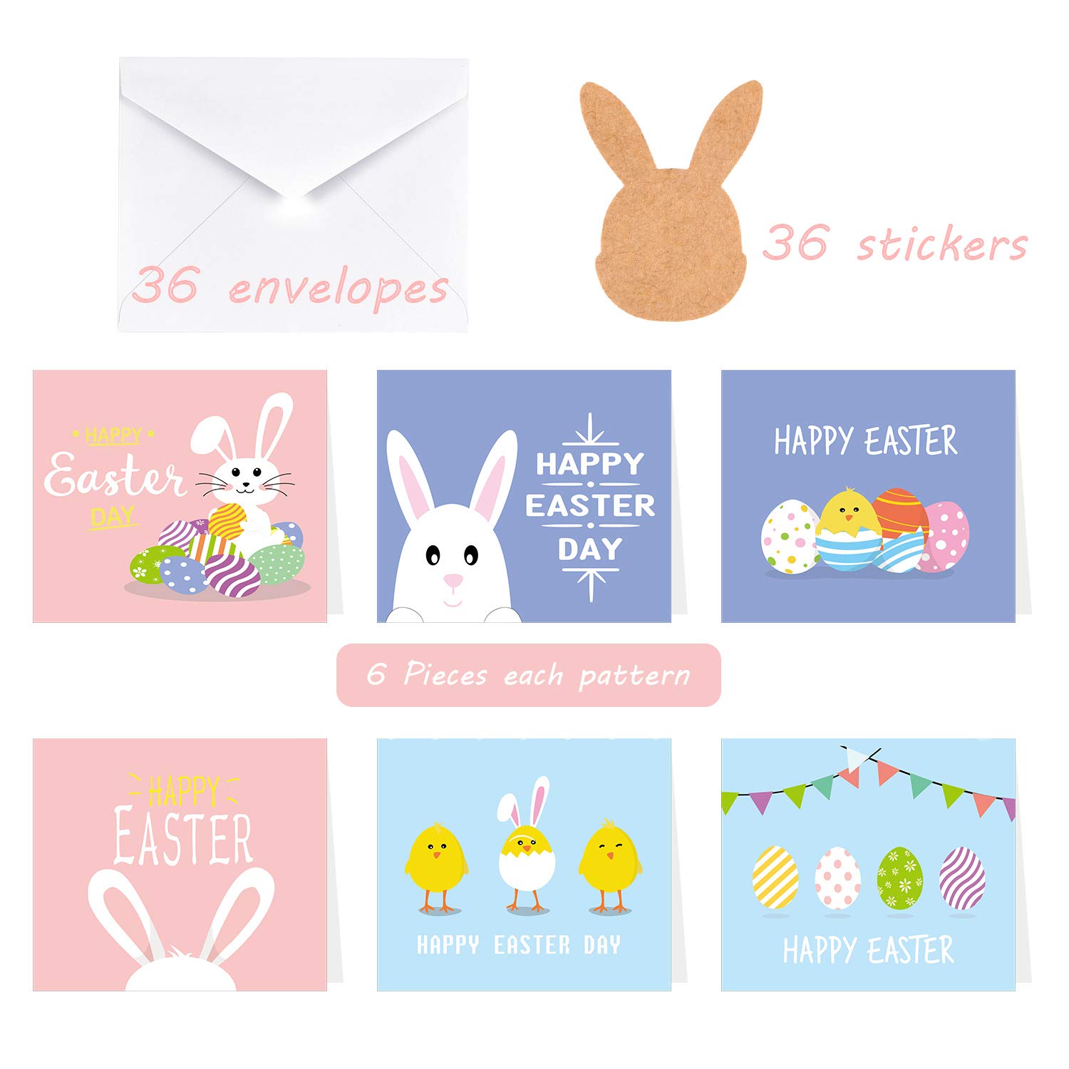TUPARKA 36 Pack Easter Greeting Cards Set - Assorted Spring Note Cards with Envelopes for Kids (6 Designs) - Perfect for Easter Celebrations, Classroom Activities & Party Favors