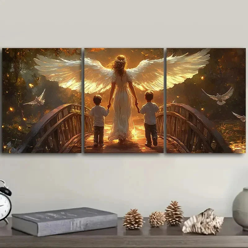 3-Piece Angel and Two Little Boys Wall Art Set - Framed Canvas 40x60cm - High Quality Print - 100% Australian Made - Ready to Hang - Perfect for Nursery, Kids Room & Home Decor