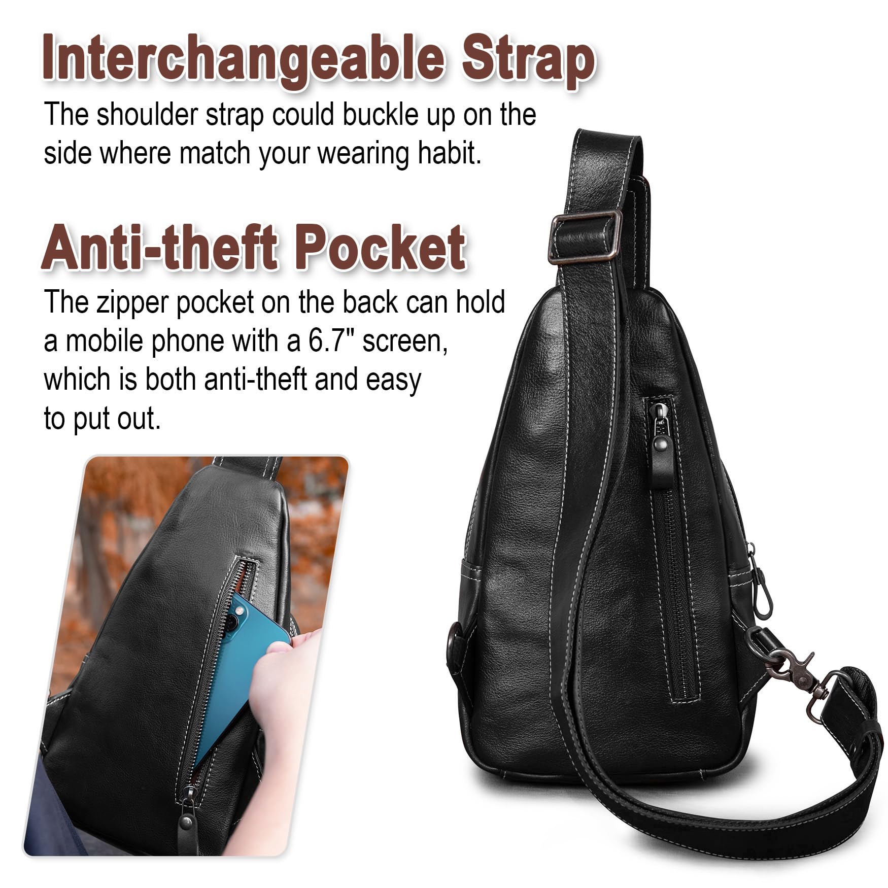 Genuine Leather Crossbody Sling Bag for Men & Women - Adjustable Shoulder Strap, Lightweight Chest Purse - Perfect for Travel, Hiking, Work & Daily Use