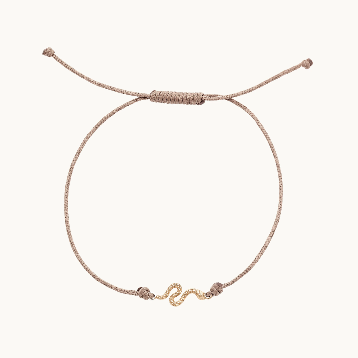 10K Yellow Gold Serpent Contemplation Cord Bracelet with Taupe Cord - Spiritual Meditation & Yoga Jewelry for Women