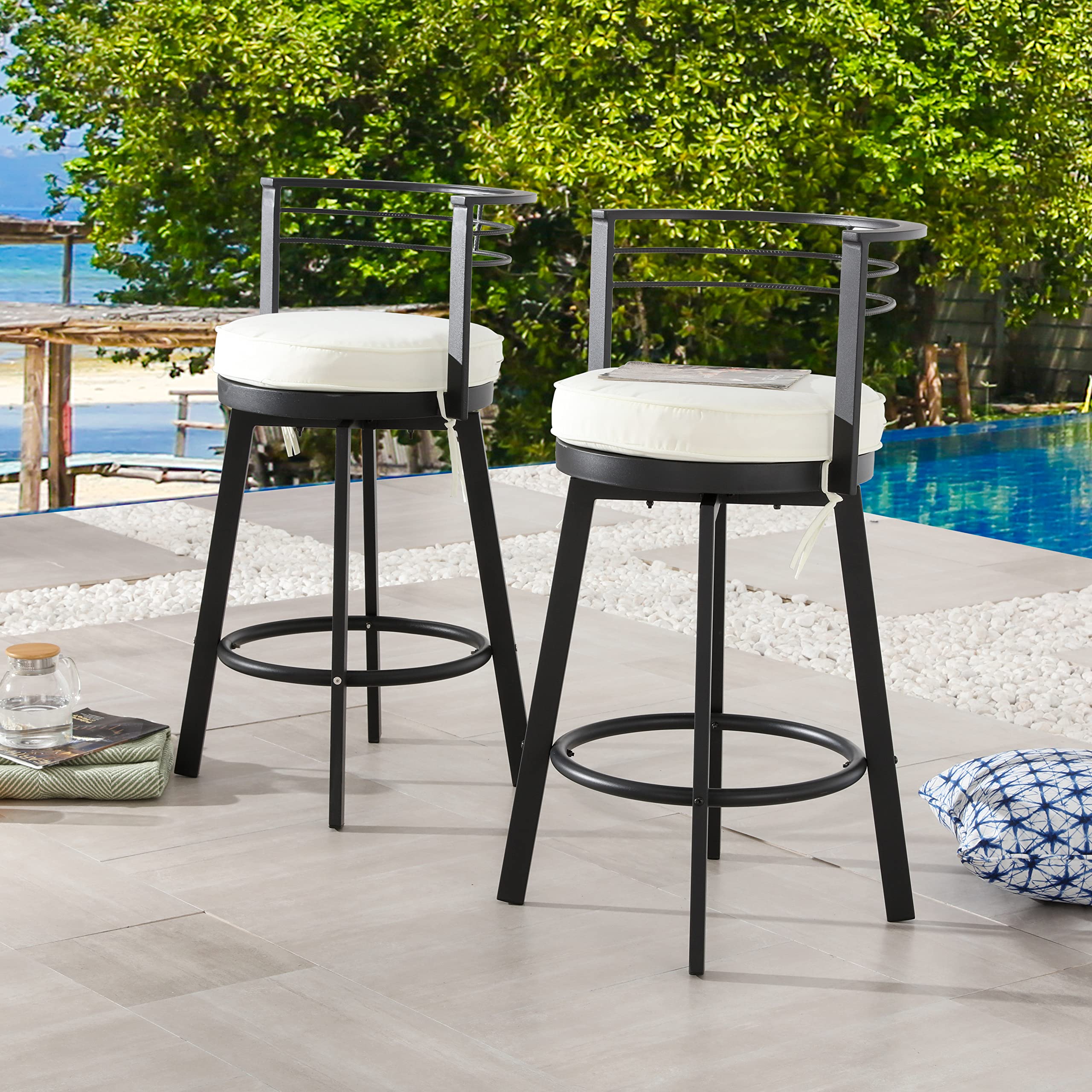 LOKATSE HOME 2-Piece Outdoor Swivel Bar Stools Set - Armless Bistro Chairs with Cushions, Patio Height Metal Barstools for Backyard, Deck, Garden & Poolside - Weather-Resistant Outdoor Furniture
