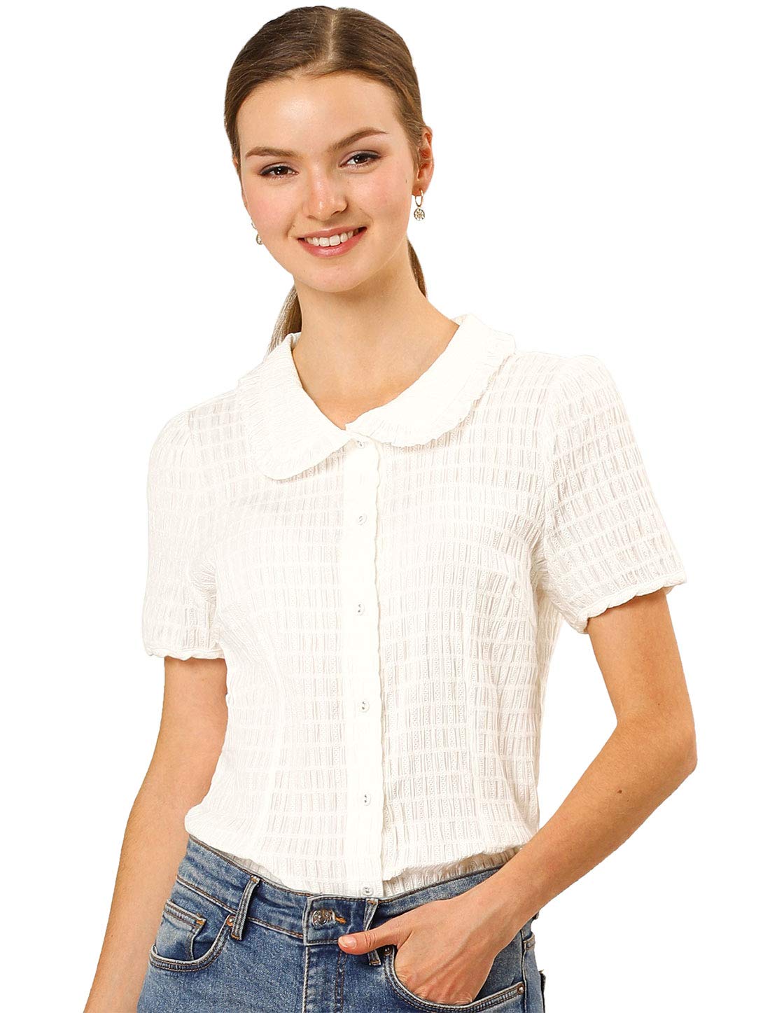 Sweet Peter Pan Collar Button Down Soft Cotton Blouse for Women - Elegant Vintage Style Top for Office, Dating & Casual Wear