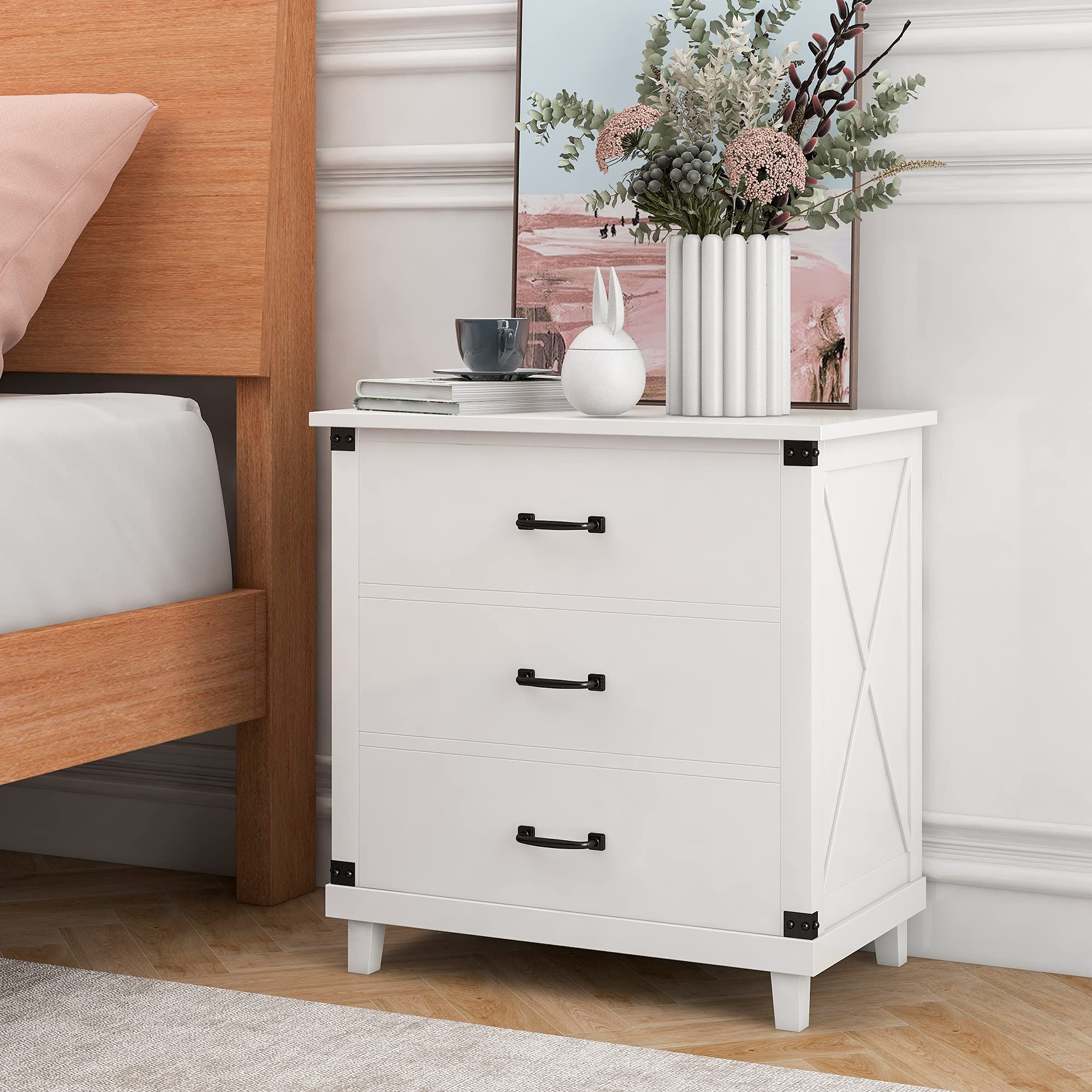 Modern Wooden Nightstand with 3 Drawers - Industrial Style Bedside Table for Bedroom & Dorm - White Storage Nightstand with Easy Assembly - Perfect for Small Spaces, Apartments & Guest Rooms