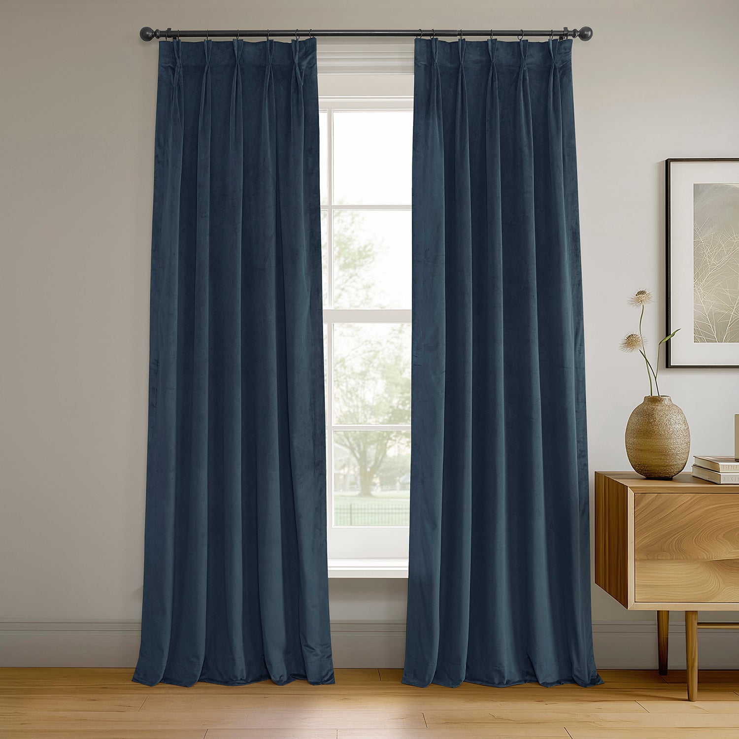 Midnight Blue French Pleat Signature Velvet Blackout Curtains for Bedroom - Thermal Insulated Noise Reducing Window Drapes for Living Room & Nursery
