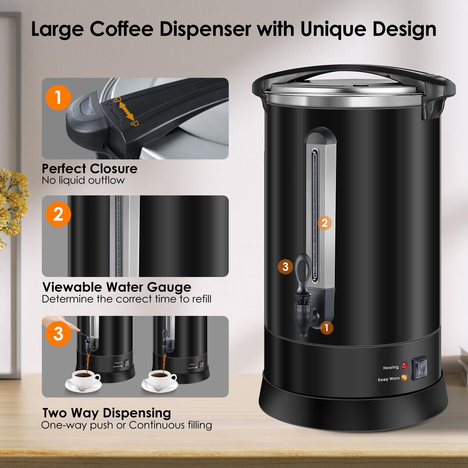 80 Cup Commercial Coffee Urn - 12L Stainless Steel Electric Coffee Dispenser with Double Wall Insulation for Quick Brewing | Ideal for Restaurants, Offices, and Large Events (Black)