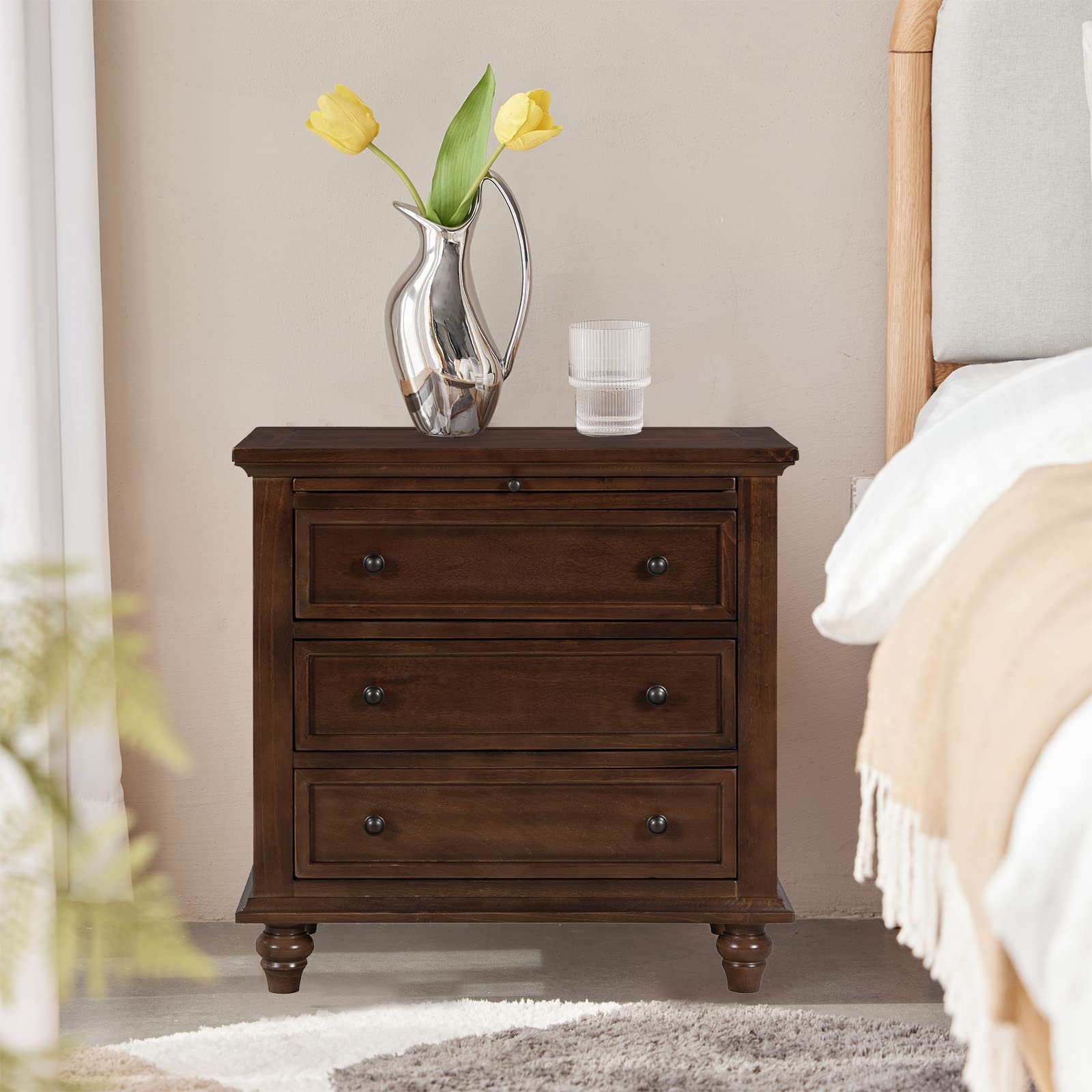 Henf 3-Drawer Wood Storage Cabinet - Nightstand with Pull-Out Tray, Bedside Table & End Table for Bedroom & Living Room - Fully Assembled Brown Furniture (Perfect for Small Spaces, Dorm Rooms & Apartment Decor)