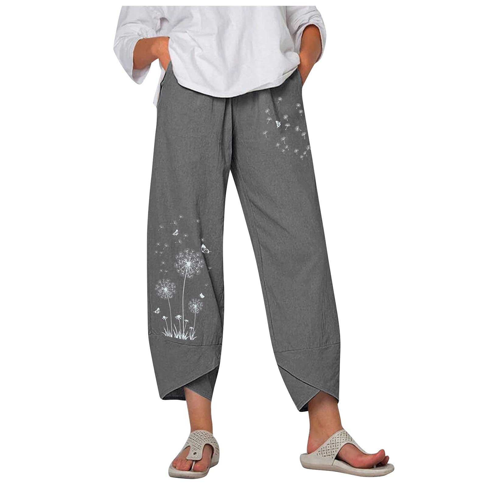 FIRERO Women's Linen Summer Pants - Dandelion Print High Waist Wide Leg Capri Pants | Breathable Loose Casual Pants for Beach, Vacation & Everyday Wear