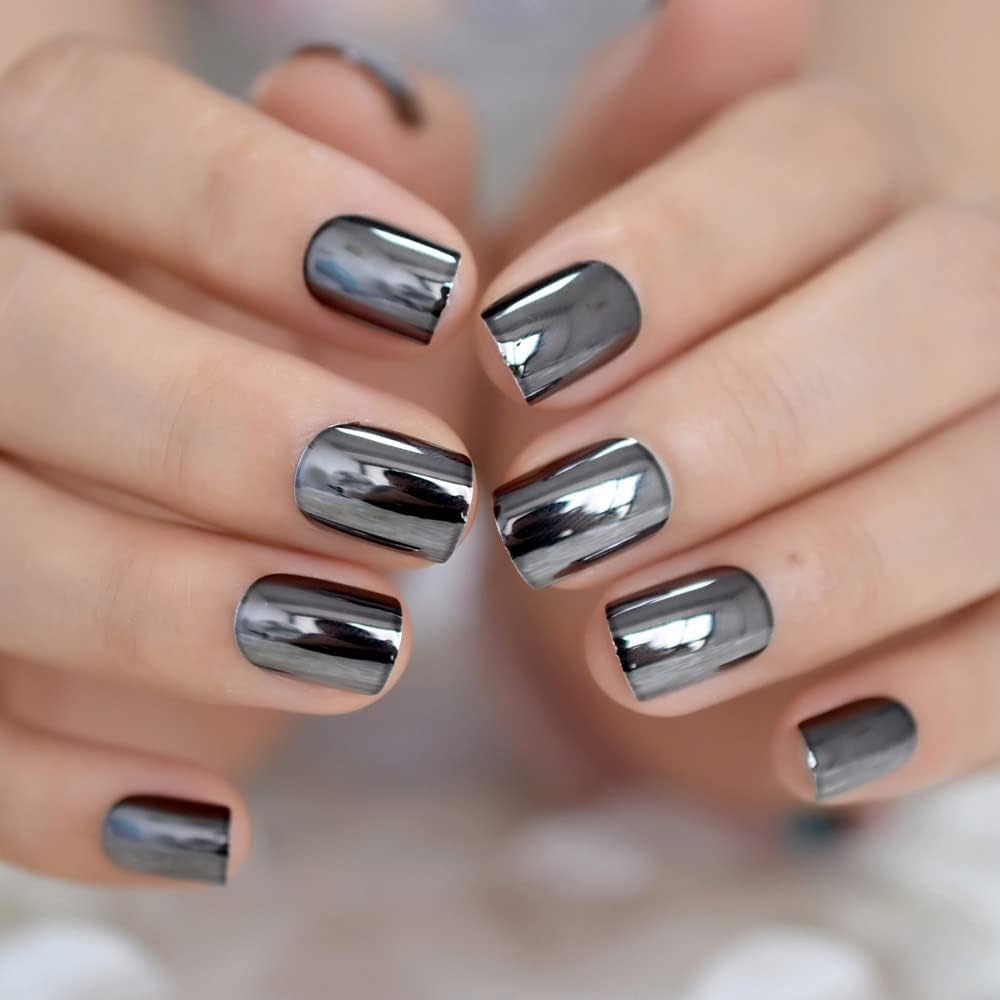 Classic Dark Gray Black Glossy False Nails - Reflective Mirror Acrylic Nail Tips for Punk Style Square Squoval Fake Nails | Perfect for Manicure, Daily Office Wear, Salon & Nail Art | Faux Ongles for Women