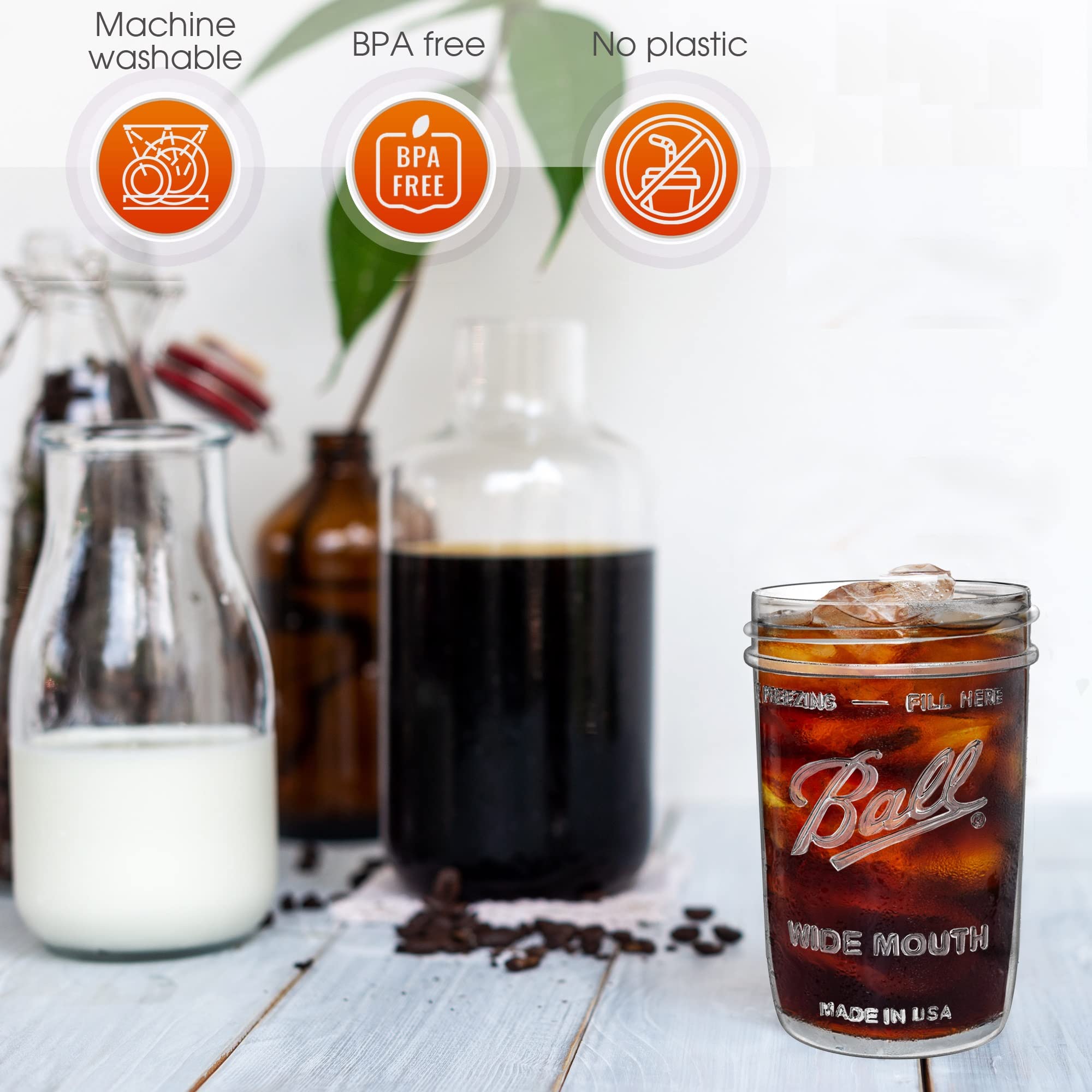 Reusable 16 oz Wide Mouth Mason Jars Glass Cups for Smoothies, Boba Tea & Bubble Tea - 2 Pack with Lids & Gold Straws | Perfect for Home, Office & Cafe Use | Capsule Classic Brand