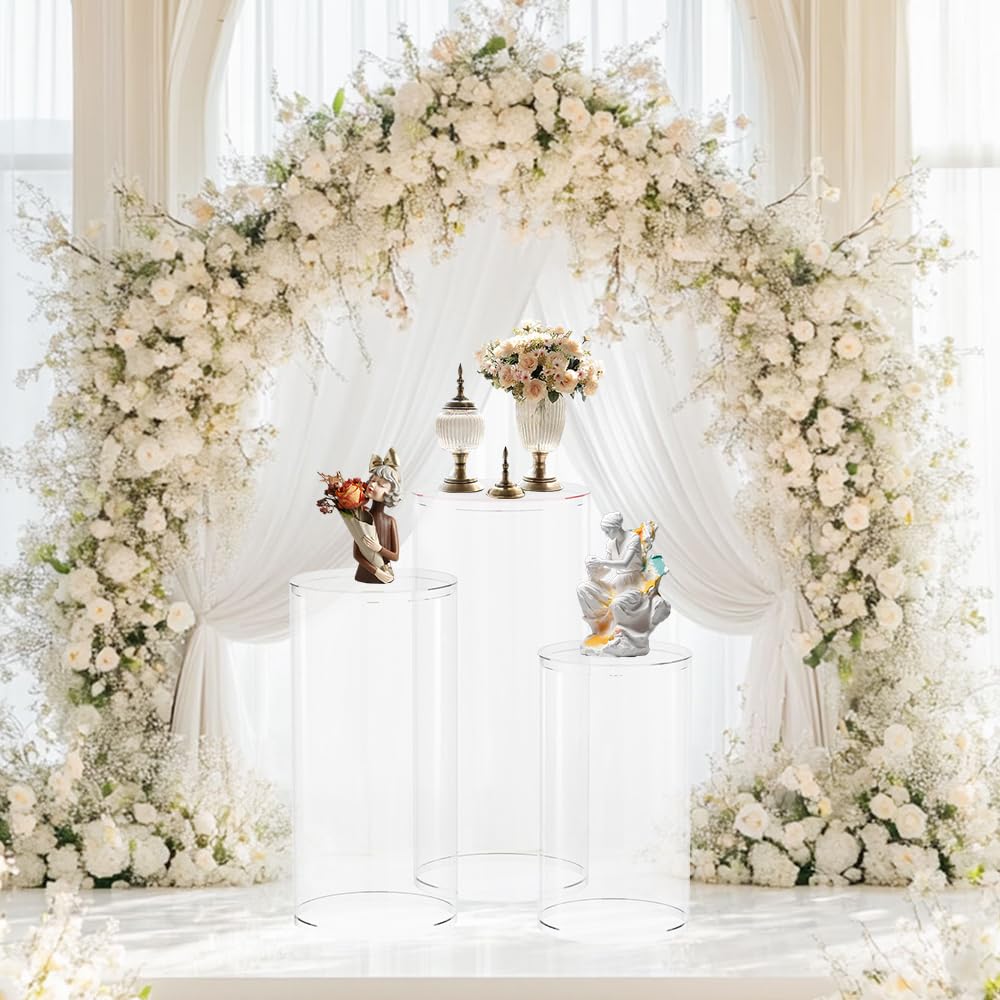 Maytopia 3-Piece Clear Cylinder Pedestal Stand Set - Round Acrylic Display Risers for Wedding Cakes, Bridal Showers, Birthday Parties & Home Decor | Perfect for Dessert Tables, Floral Arrangements & Event Centerpieces
