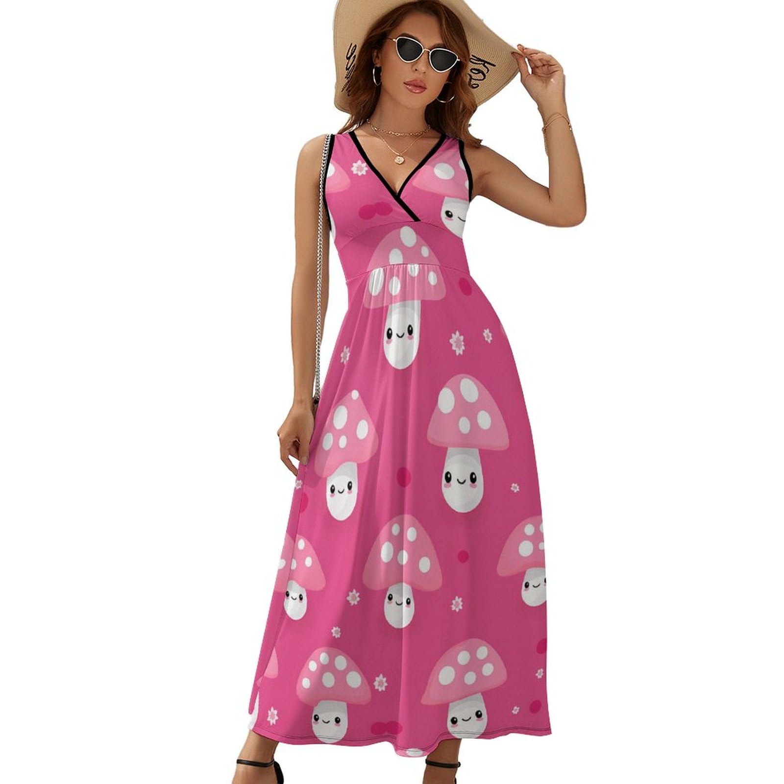Cute Mushroom Print Women's Casual Sleeveless Loose Maxi Sundress - Perfect for Beach Vacations, Summer Outings & Boho Fashion