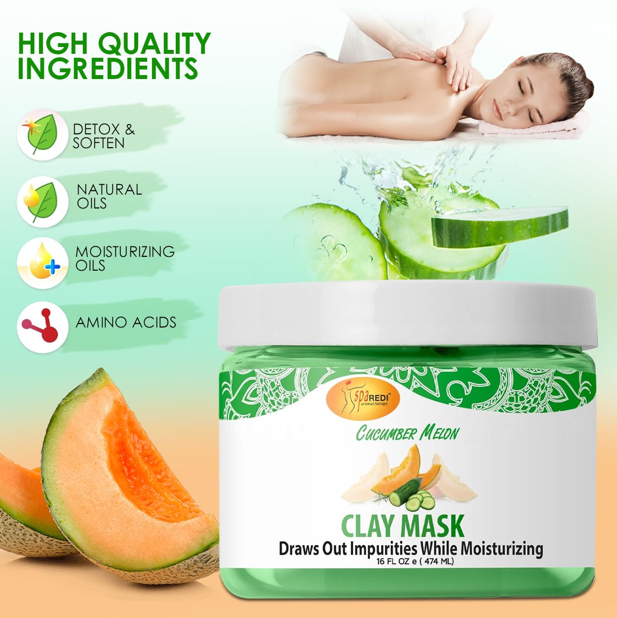 SPA REDI - Cucumber & Melon Clay Mask (16 Oz) - Deep Cleansing Body & Pedicure Treatment | Pore Purifying, Detoxifying & Hydrating Facial Mask for Glowing Skin | Perfect for Spa Days & At-Home Self Care Routines