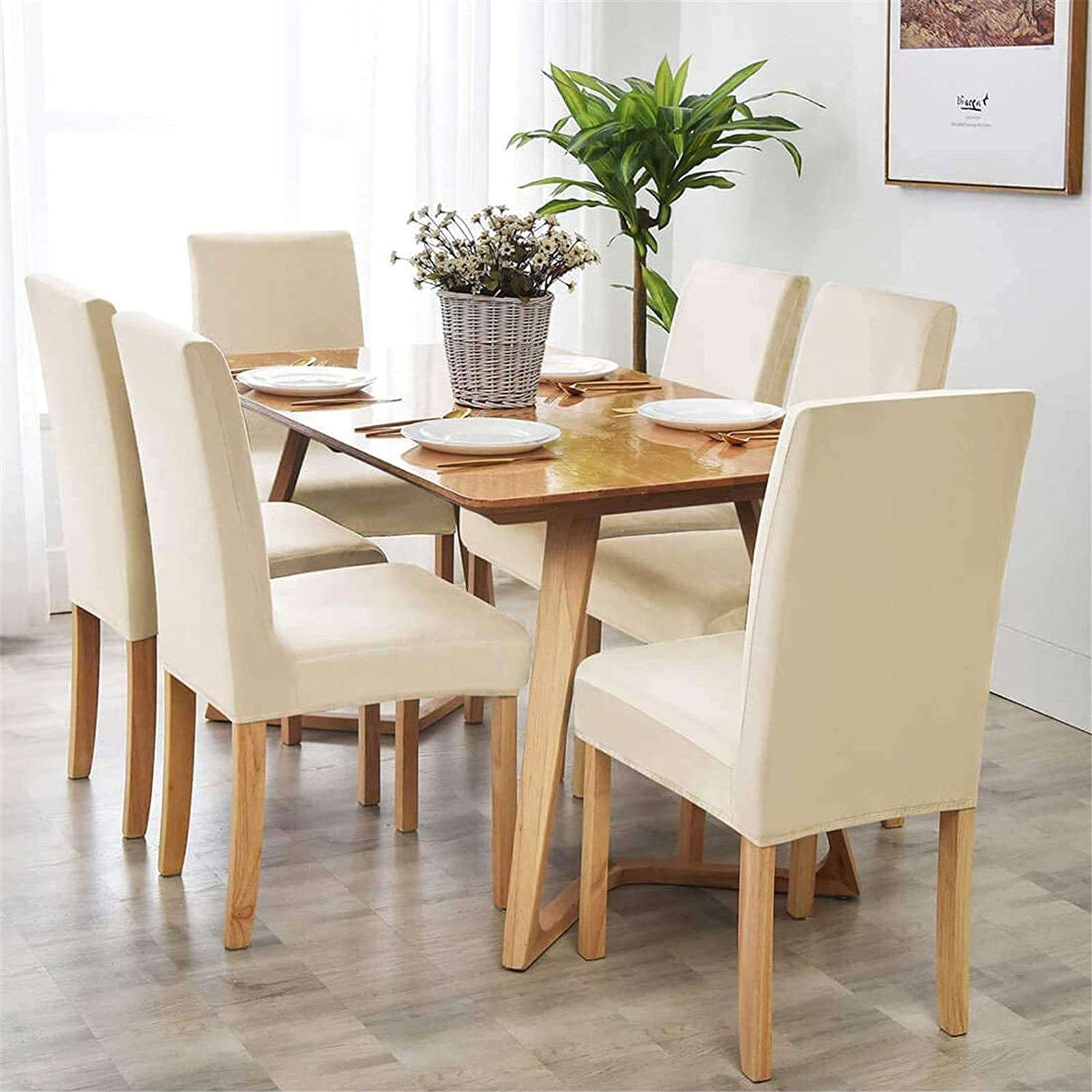 Velvet Stretch Dining Chair Covers - Machine Washable Slipcovers for Dining Room, Living Room & Bedroom - Beige Set of 2 - Perfect for Home Decor, Parties & Everyday Protection