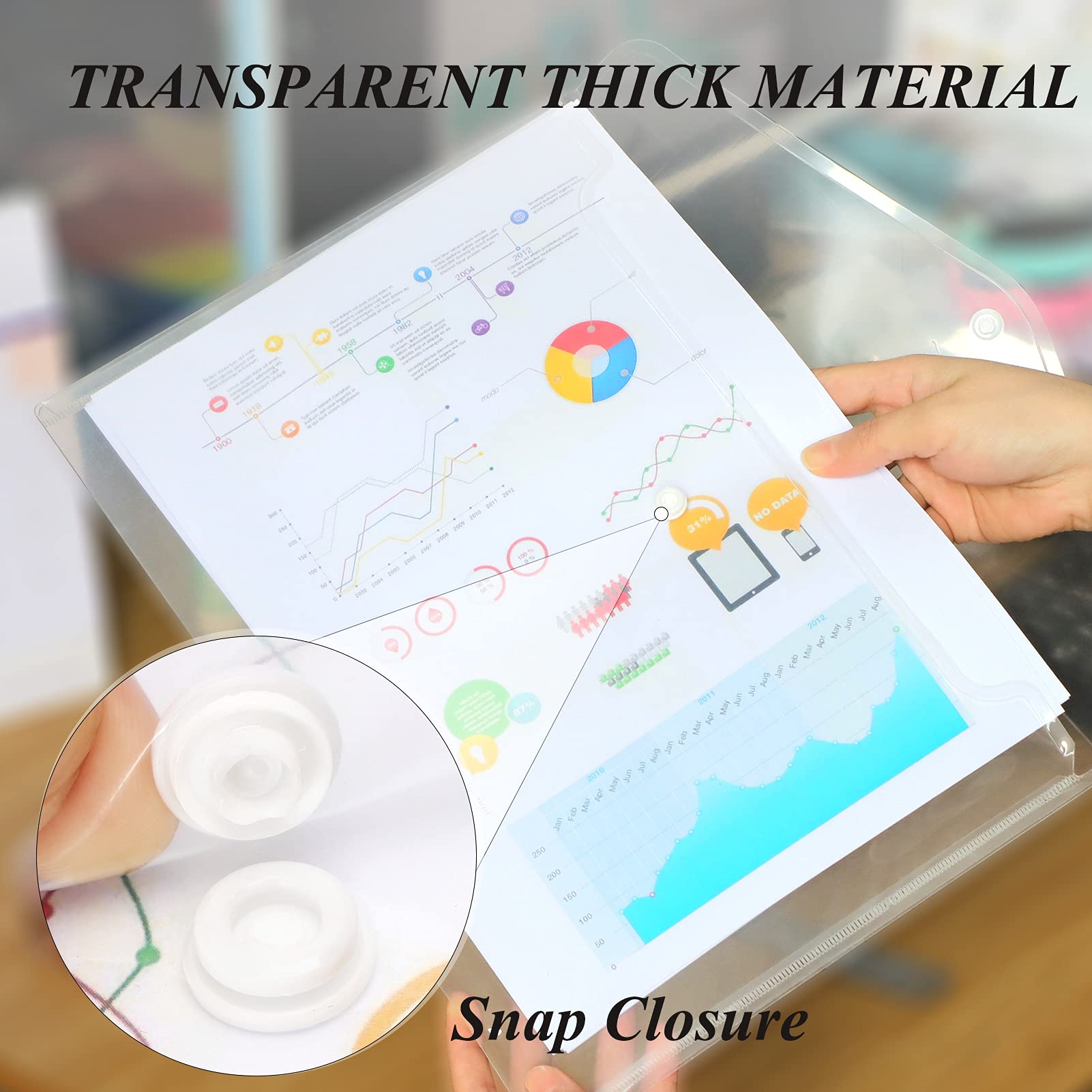 Toplive 12-Pack Plastic File Folders - Clear A4 Letter Size Waterproof Poly Envelopes with Snap Closure for Office & School Supplies | Organize Documents, Receipts, and Important Papers for Home, Office, or Classroom Use