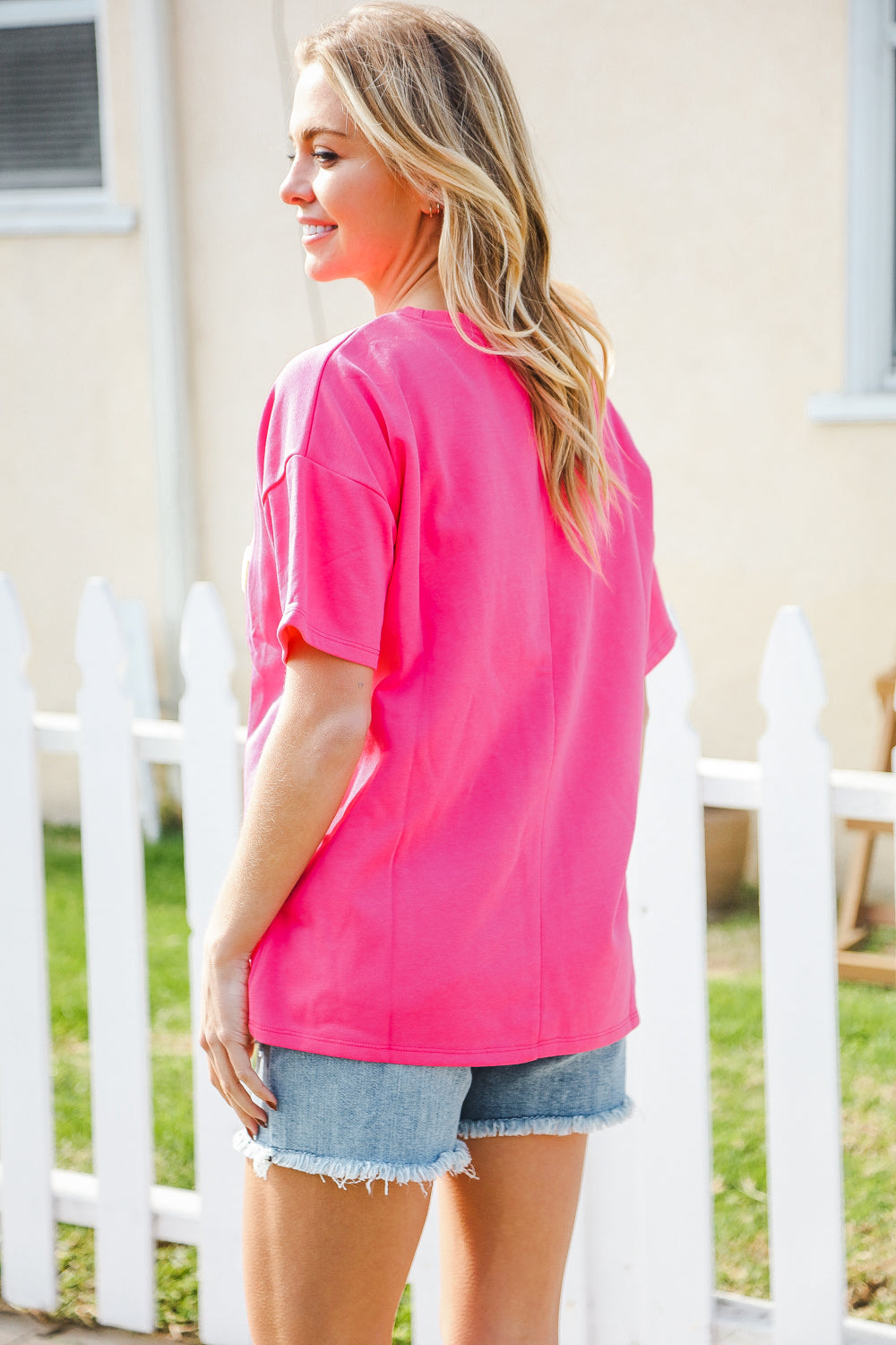 Hello Sunshine Pink and Yellow Embroidered French Terry Pullover Sweatshirt - Cozy Casual Wear for Women