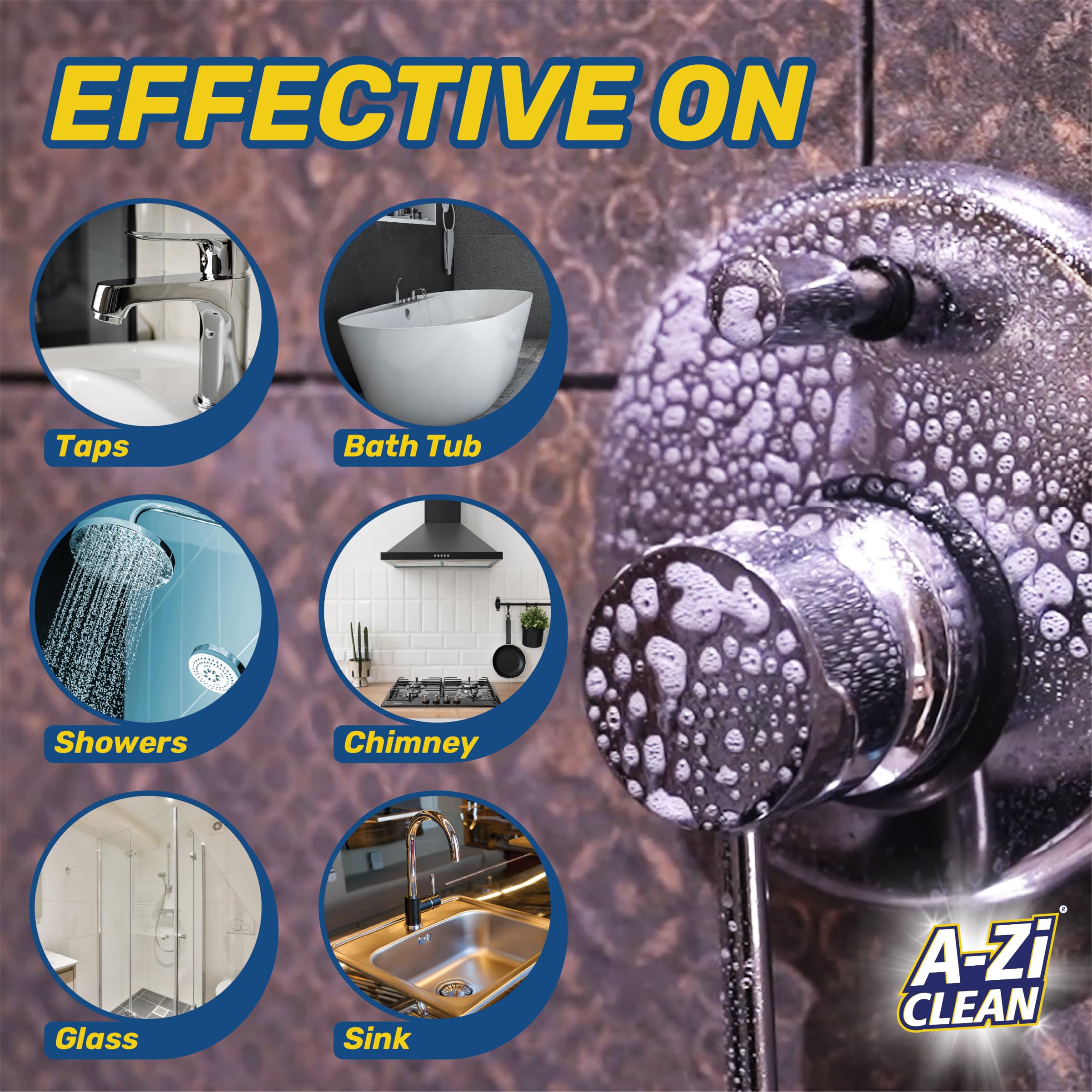 A-Zi Clean Tap Cleaner Spray 200ml - All-Purpose Bathroom & Kitchen Cleaner for Taps, Bathtubs, Sinks, Showers | Effectively Removes Hard Water Stains, Limescale, Grease & Dirt | Perfect for Daily Cleaning & Stain Removal in Homes & Offices