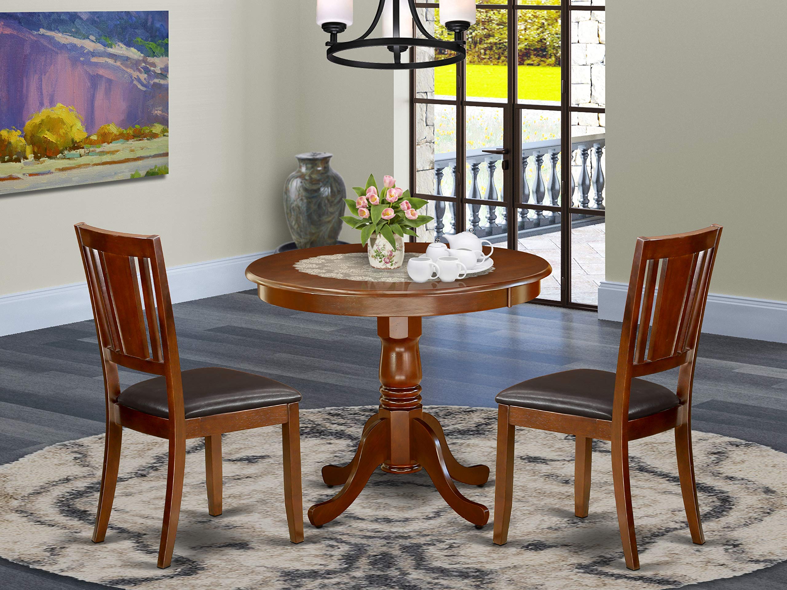 East West Furniture Dinette Table Set - 2 Wood Dining Chairs & Wood Dining Table with Faux Leather Seats & Mahogany Finish - Perfect for Kitchen, Breakfast Nook or Small Space Dining