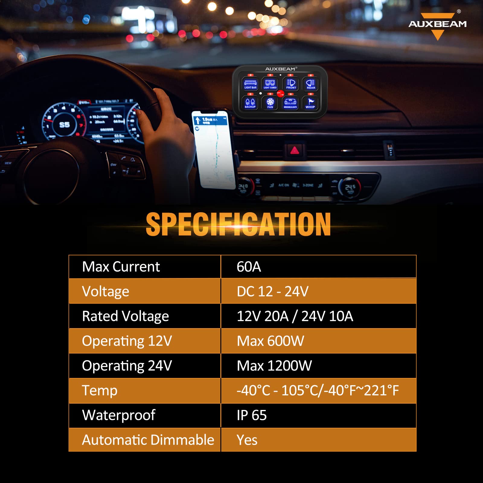 Auxbeam 8 Gang Switch Panel BA80 - Universal Circuit Control Relay System with Auto Dimmable LED Touch Switch for Car, Truck, Boat, UTV, ATV - Blue (2 Year Warranty) - Perfect for Off-Roading, Marine & RV Lighting Control