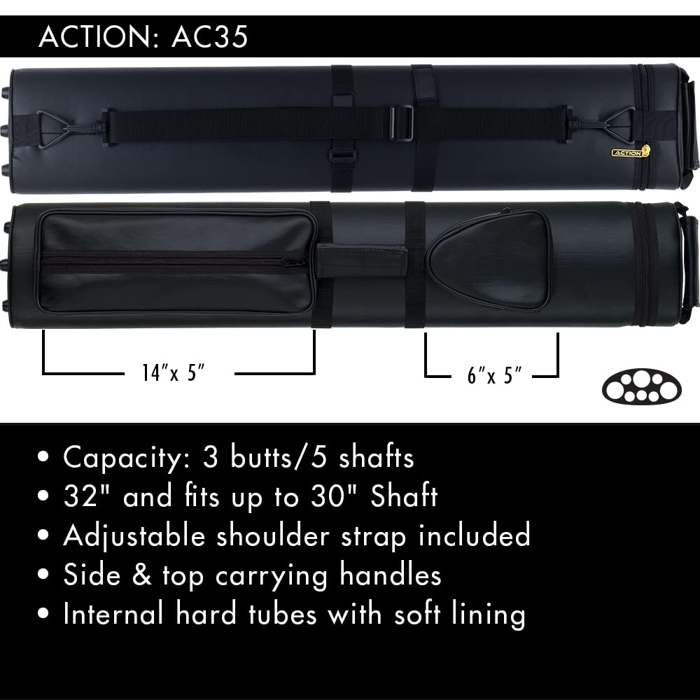 Premium Action Vinyl Pool Cue Case - Holds 3 Butt & 5 Shafts - Durable Billiard Accessory for Professional Players & Home Use