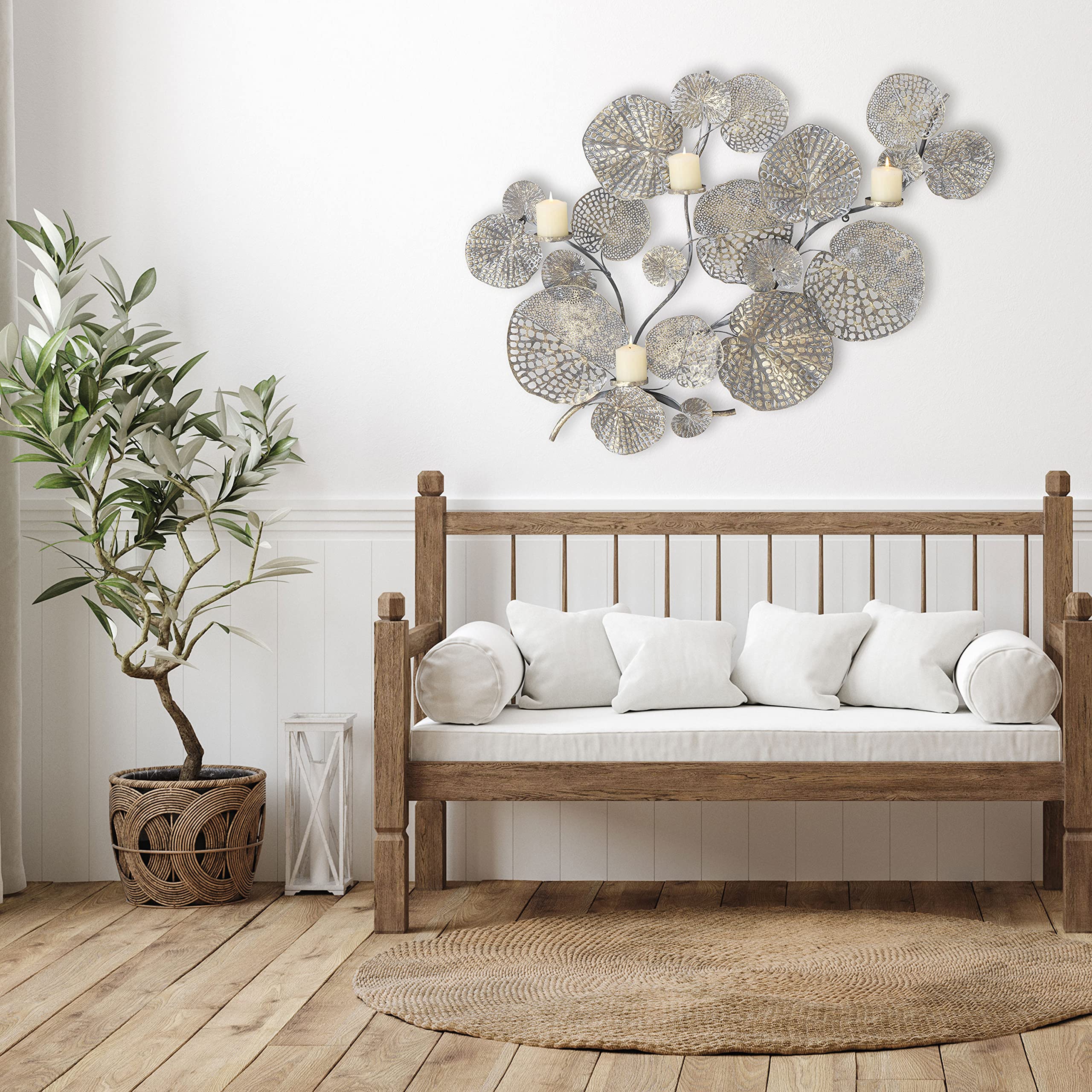 Modernist Botanical Metal Wall Art Sculpture - 4 Candle Abstract Bas Relief with 21 Layered Leaves, Tonal Gold Gilt & Antique Silver Finish, Hand-Welded Patina Decor (41.25x28.25 Inches) - Perfect for Living Room, Bedroom, or Office Decoration