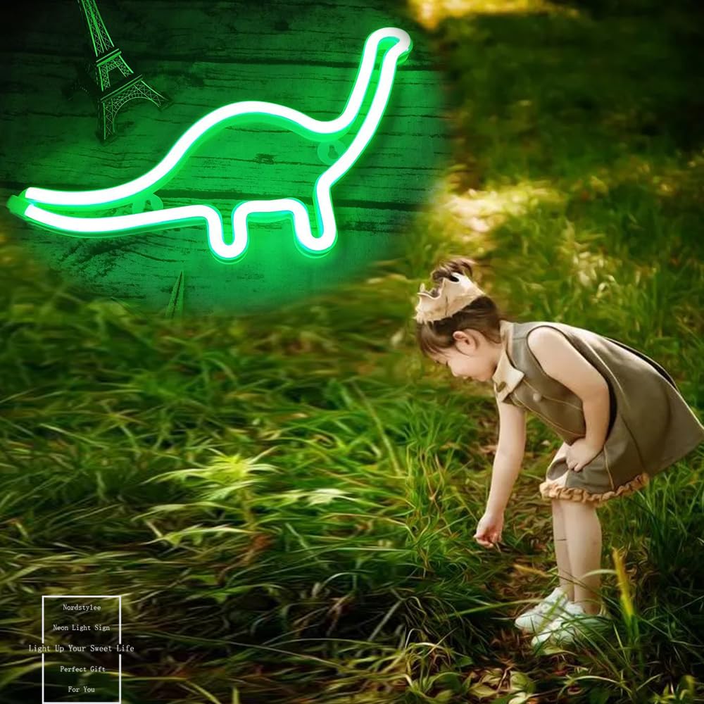 Nordstylee Neon Dinosaur Light Signs - LED Dinosaur Night Lights for Kids Room, Wall Decor, Birthday Party & Christmas Gift | Dinosaur-Themed Bedroom Lighting, Nursery Decor & Fun Party Decoration