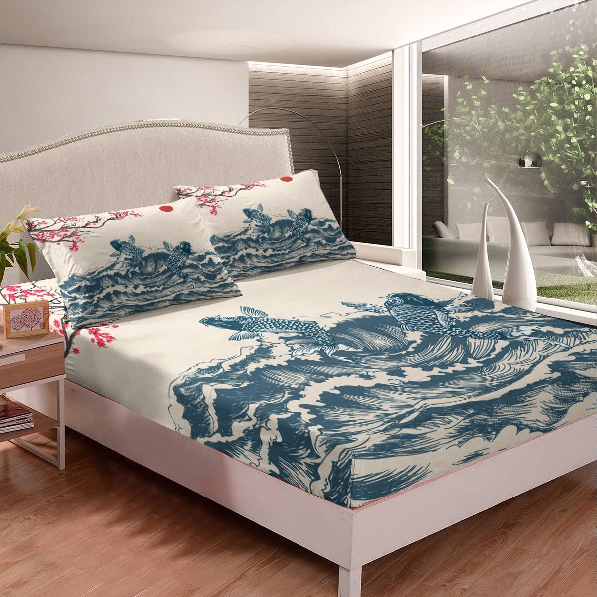 Waves Full Sheet Set 4-Piece - Koi Cherry Blossom Sunrise Japanese Art Design with Deep Pocket Fitted Sheet, Flat Sheet & 2 Pillowcases - Romantic Natural Bedding for Kids & Teens Room Decor - Perfect for Spring Bedroom Makeover & Asian-Themed Home Decor