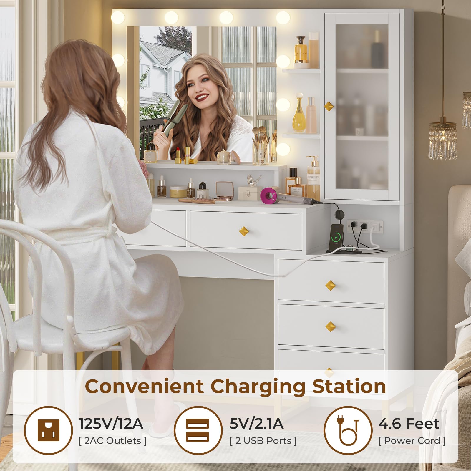 Tiptiper Large Makeup Vanity with LED Lights & Charging Station - White & Gold Vanity Table with Mirror, 5 Drawers, Storage Shelves & Nightstand - Perfect for Bedroom, Dressing Room & Beauty Salon