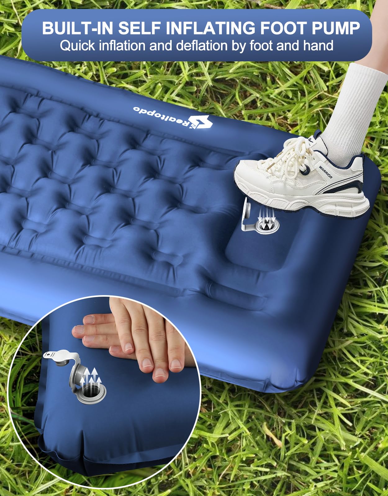 Extra Thick 5 Inch Self Inflating Camping Sleeping Pad with Pillow & Foot Pump - Lightweight Portable Mattress for Backpacking, Hiking, Travel - Perfect for Outdoor Adventures & Car Camping (Blue)