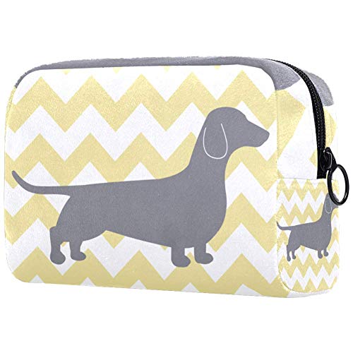 **Waterproof Dachshund Dog Yellow Chevron Makeup Bag - Portable Travel Cosmetic Organizer with Zipper, Multifunctional Toiletry Case for Women | Perfect for Travel, Gym & Daily Essentials Storage**