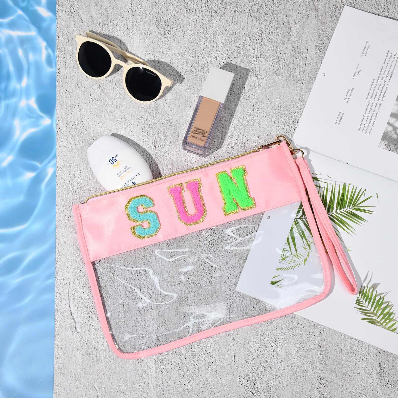 SOIDRAM SUN Bag Chenille Letter Makeup Bag - Clear Travel Zipper Nylon Cosmetic Pouch Organizer for Sunscreen & Toiletries | Waterproof Summer Travel Gifts for Women | Perfect for Beach Trips, Gym & Daily Essentials Storage