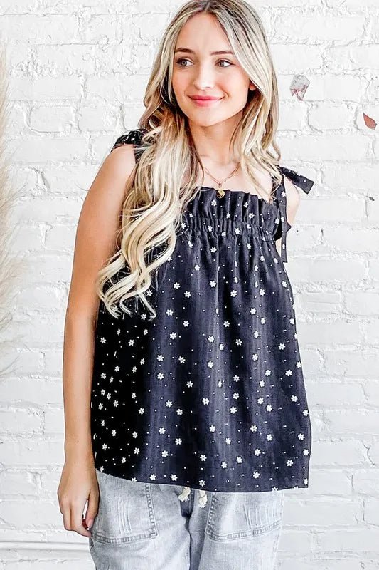 Women's Polka Dot Print Ruffle Tank Top - Floral Daisy Design - Casual Summer Blouse for Beach, Party & Everyday Wear