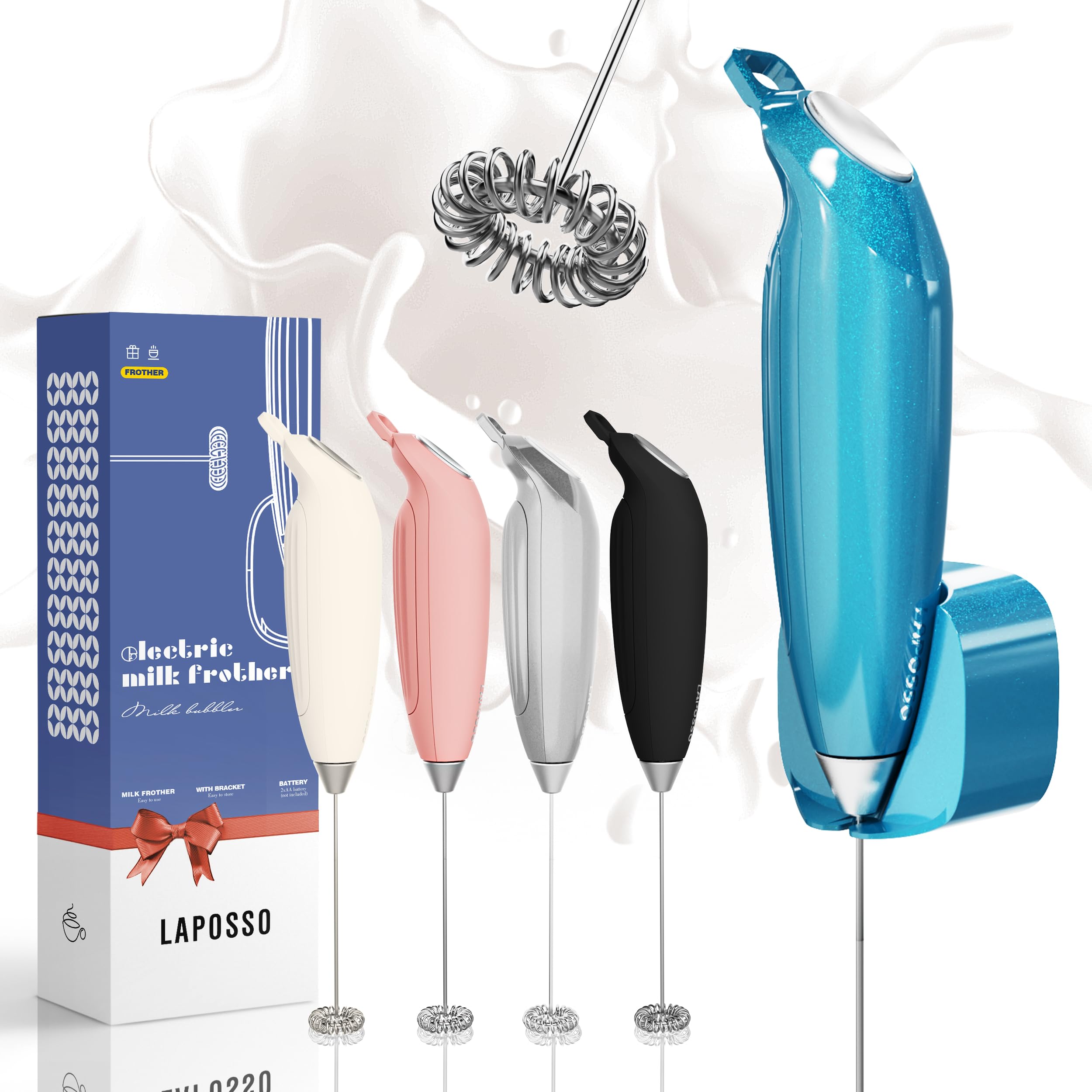 Electric Milk Frother Handheld - Battery Operated Matcha Whisk & Drink Mixer for Coffee, Cappuccino, Frappe, Hot Chocolate - Includes Magnetic Holder - Perfect for Home, Office & Coffee Shops (Blue)
