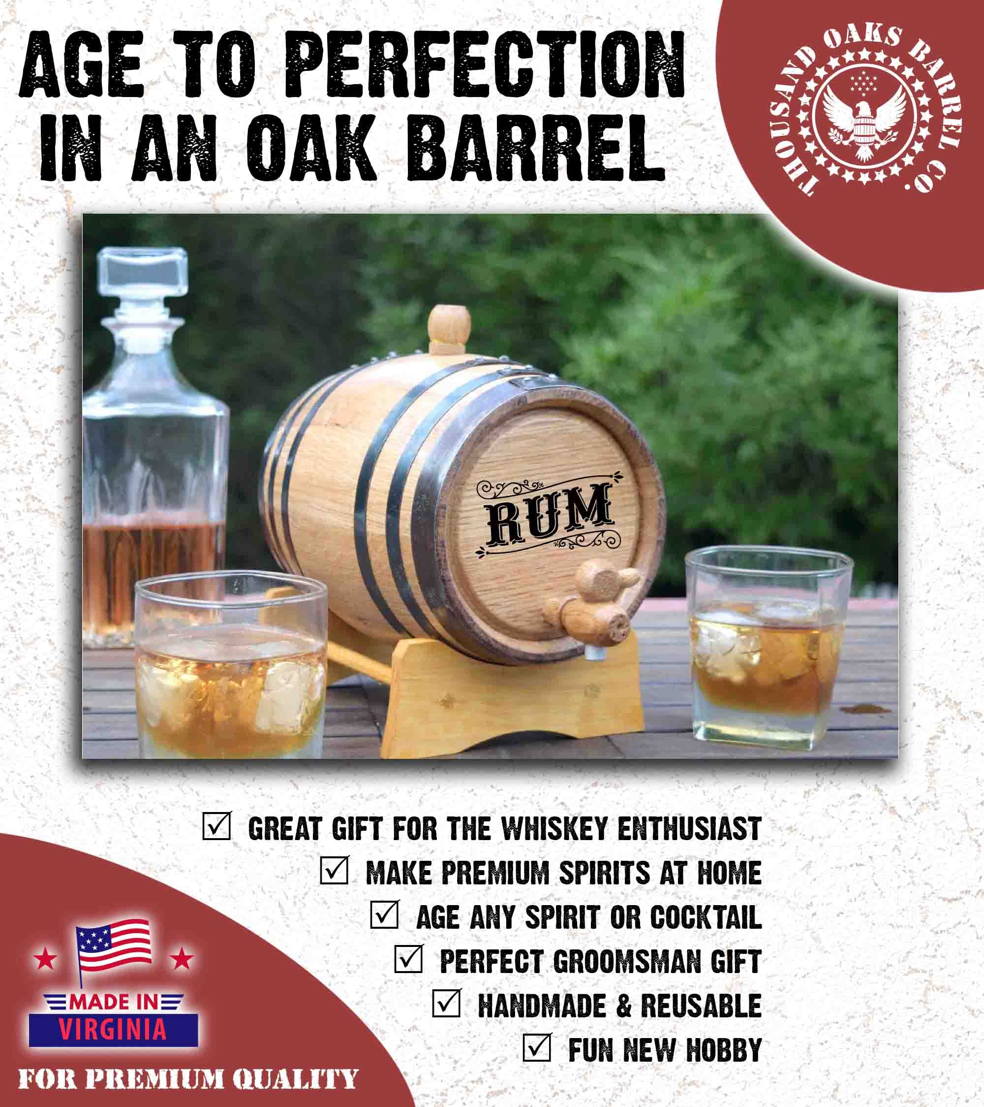 5 Liter American Oak Rum Barrel (1 Gallon) with Stand, Bung & Spigot - Age Cocktails, Bourbon, Tequila, Beer, Wine - Laser Engraved Design (B523) - Perfect for Home Bars, Gifts & Craft Spirit Aging