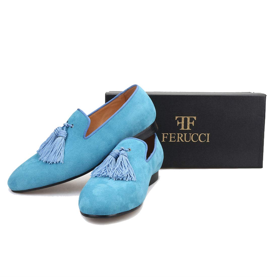 FERUCCI Men's Light Blue Suede Loafers - Comfortable Slip-On Slippers with Big Blue Tassel | Casual Indoor & Outdoor Shoes for Relaxing at Home or Running Errands