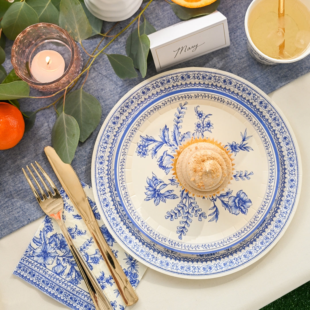 Blue French Toile Paper Party Plates - Elegant Floral Design Disposable Dinnerware for Wedding, Baby Shower & Bridal Shower Decorations - Perfect for Outdoor Picnics and Garden Parties