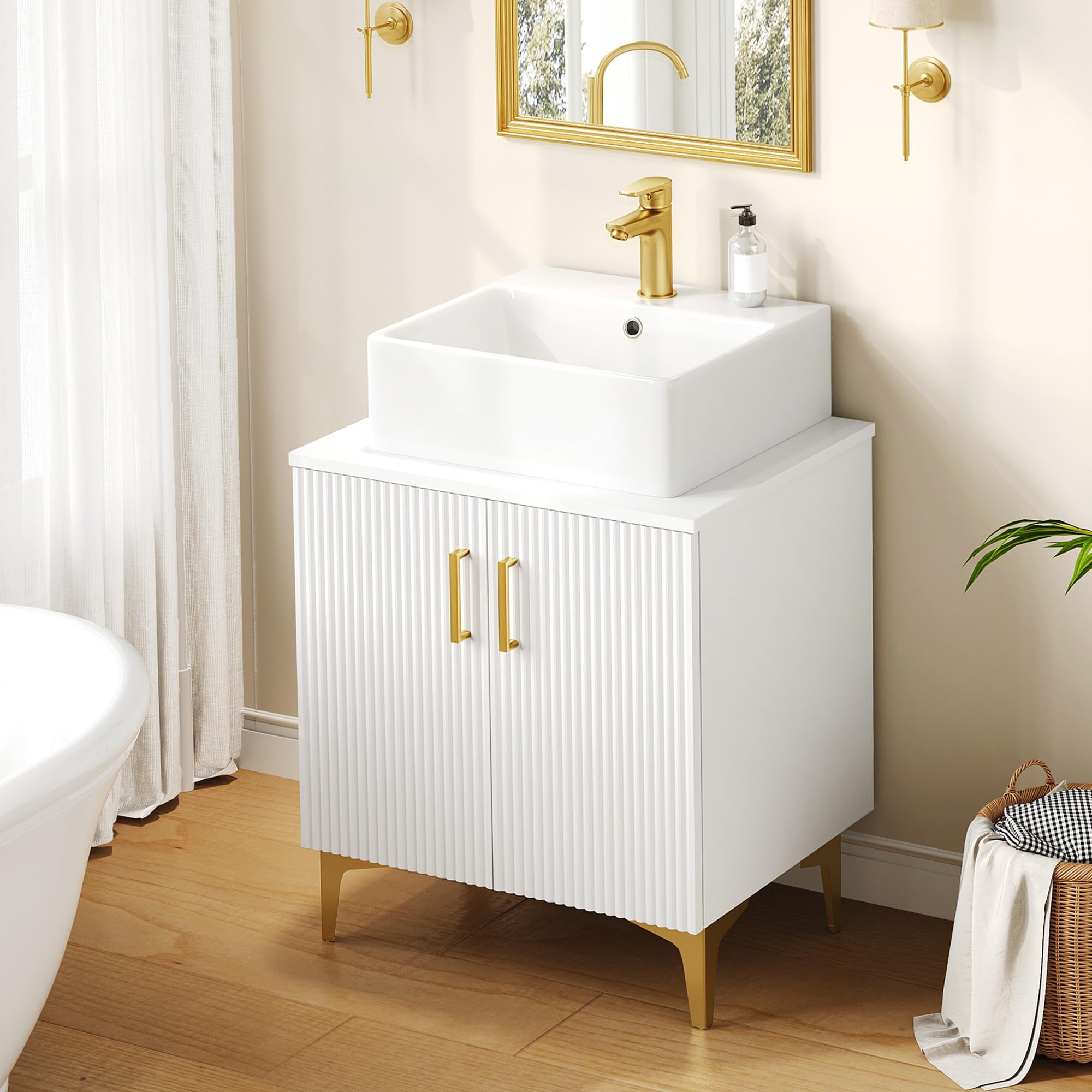 24 Inch Modern Bathroom Vanity Set with Counter Top Sink Combo - 2 Soft Closing Doors, Gold Handles & Legs, White - Perfect for Small Bathrooms, Powder Rooms & Guest Baths