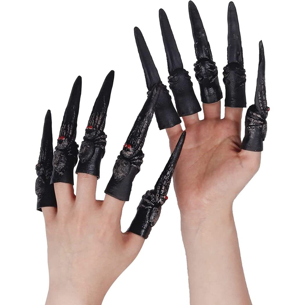 10PCS Halloween Claw Nail Rings - Scary Spider Skeleton Witch Long Fake Fingernails for Cosplay & Halloween Costume Accessories (Black) - Perfect for Halloween Parties, Cosplay Events, and Horror Theme Dress-Up
