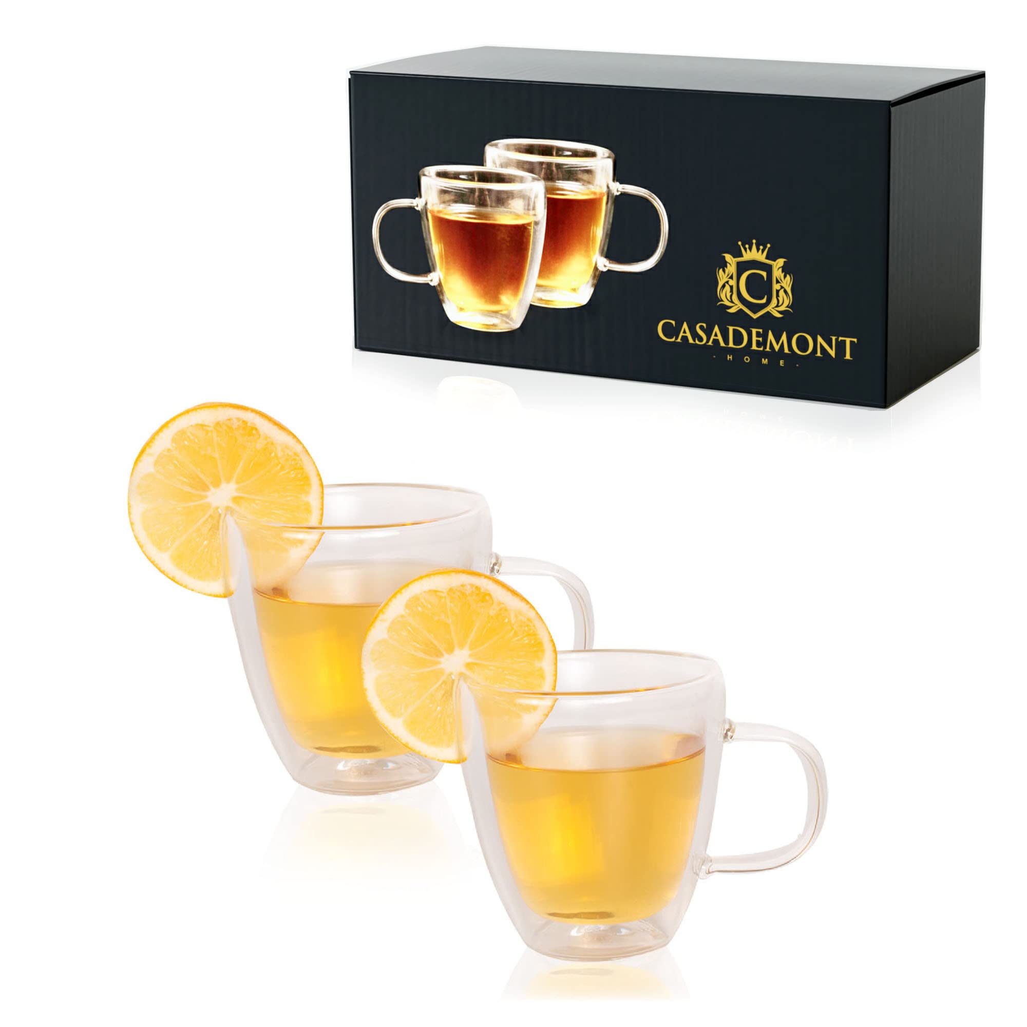 Double Wall Glass Tea Cup Set of 2 - 5.4oz (160ml) Borosilicate Heatproof Clear Teacups with Handle - Small Espresso Cups for Tea, Coffee & Hot Drinks - Perfect for Home, Office & Cafe Use