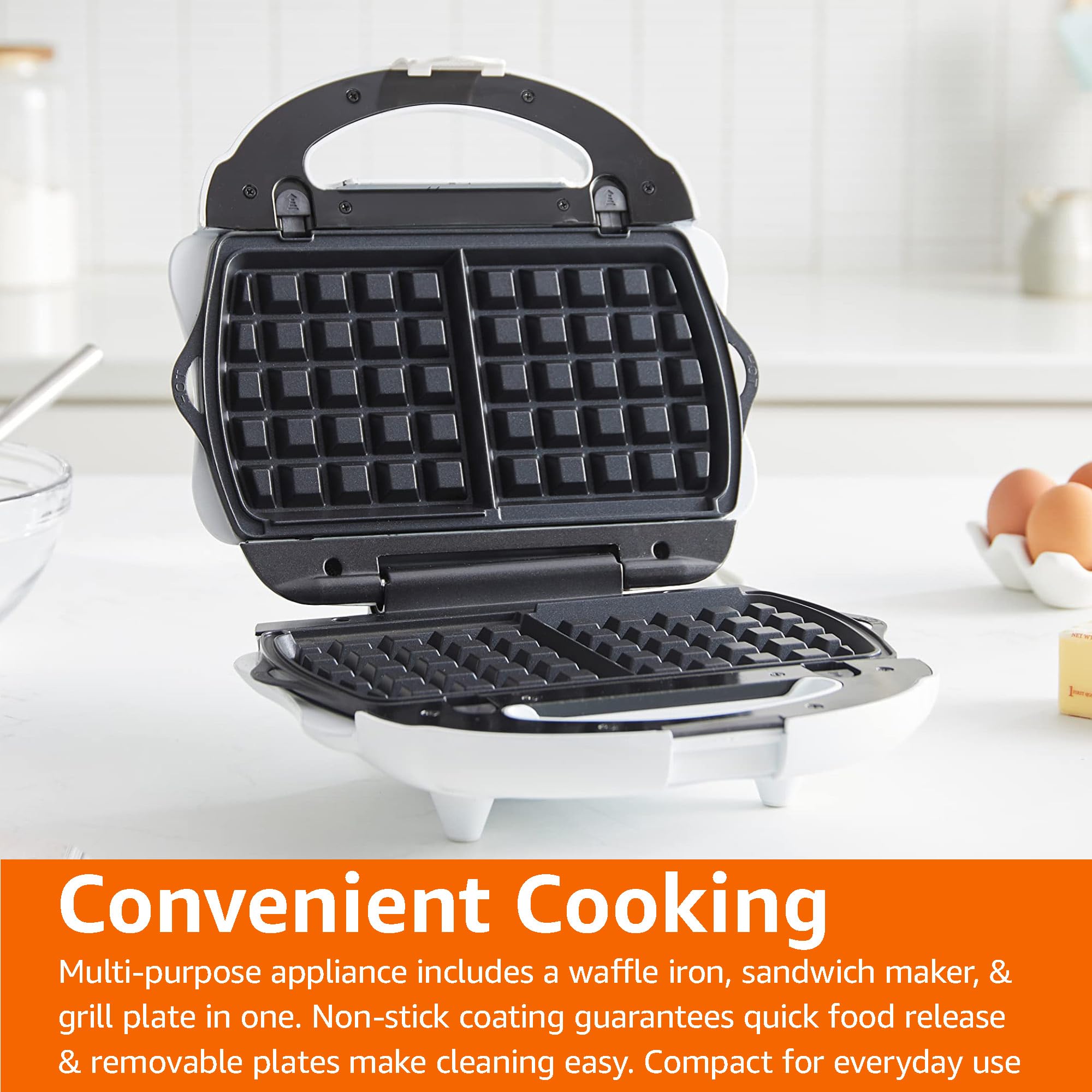 Amazon Basics 3-in-1 Waffle Maker, Sandwich Press & Electric Grill - 700W, White | Perfect for Breakfast, Paninis & Quick Meals