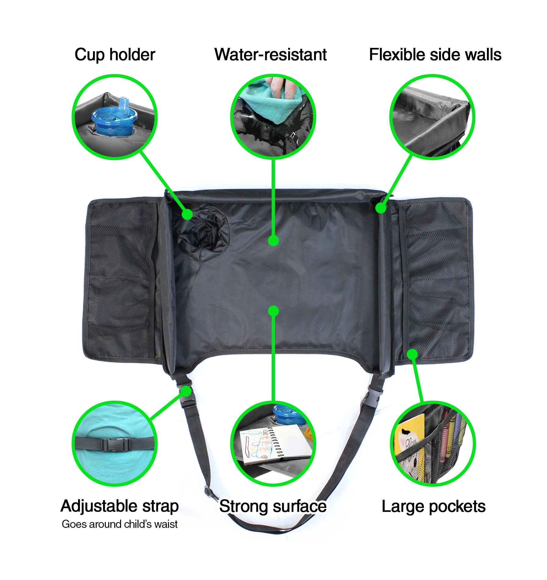VViViD Black Nylon Toddler Car Seat Tray - Portable Lap Desk for Kids Eating, Drawing & Playing - Perfect for Road Trips, Airplane Travel & Restaurant Use