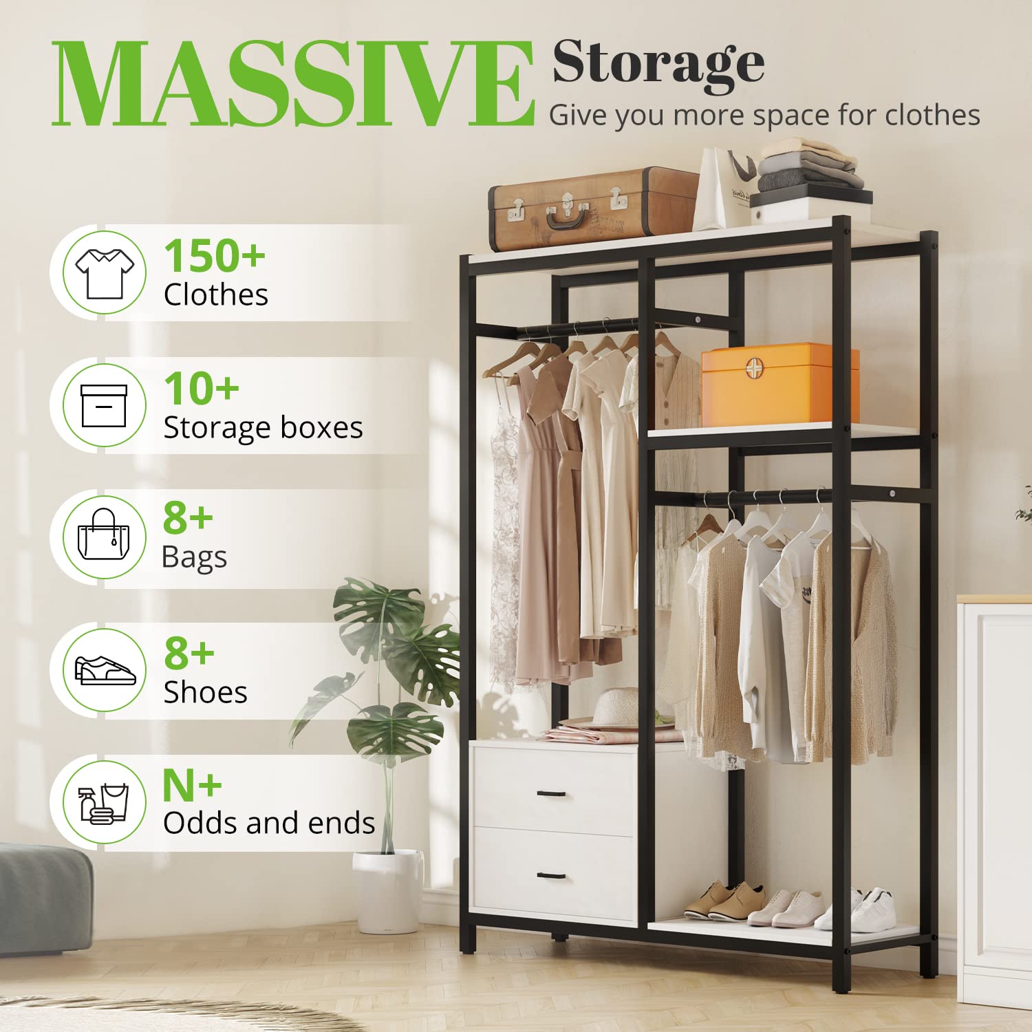 HOKEEPER 650lbs Heavy Duty Metal Wardrobe - Freestanding Closet Organizer with Drawers & Shelves for Bedroom Storage