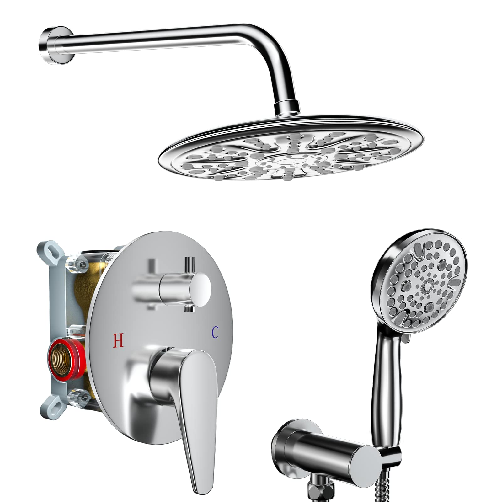 10-Setting Rainfall Shower System Wall Mounted - High Pressure Rain Shower Head with Handheld Sprayer & Valve - Polished Chrome Finish for Bathroom Luxury - Perfect for Spa-Like Showers & Modern Bathroom Upgrades