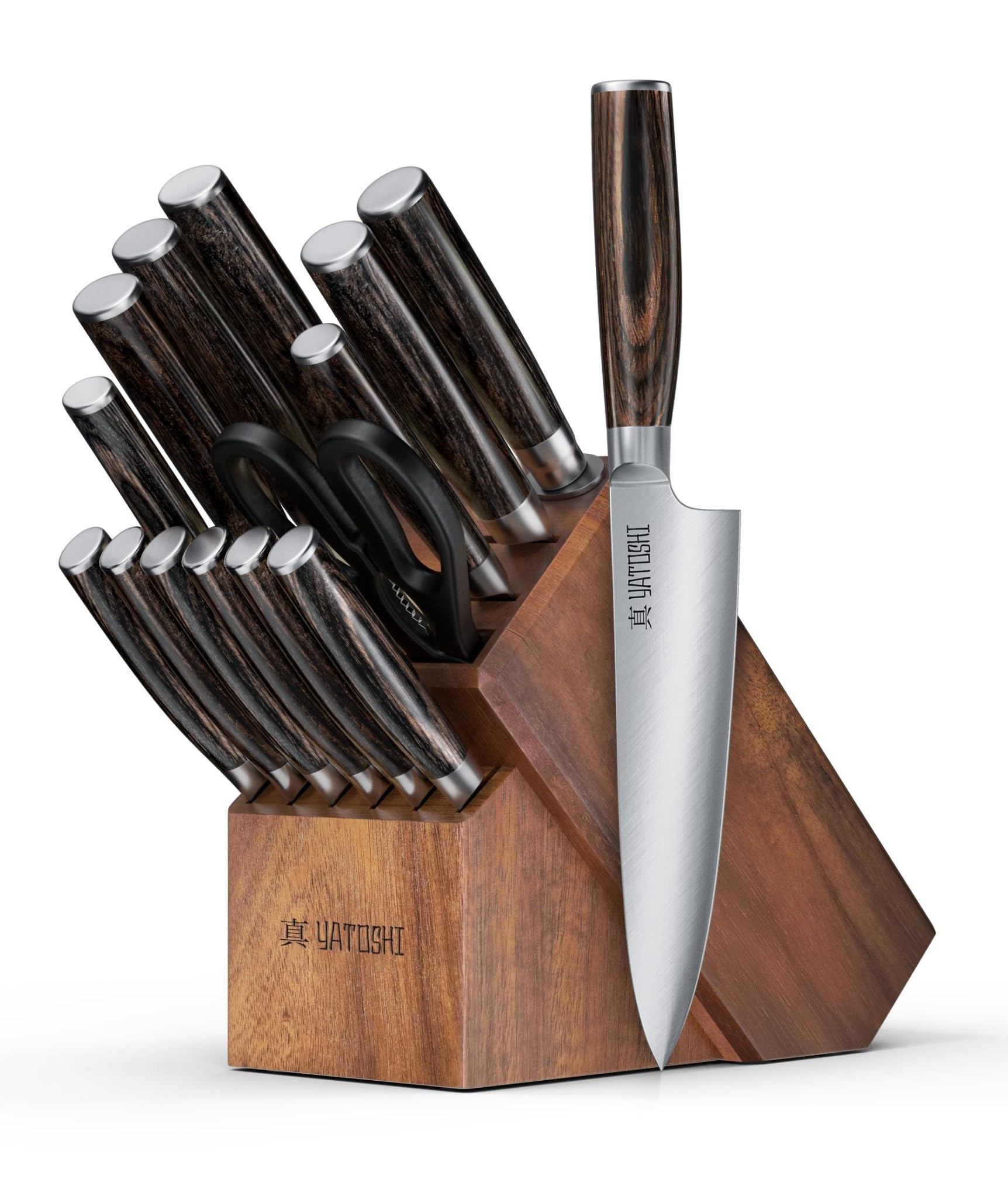 Yatoshi 15-Piece Professional Knife Block Set - Ultra Sharp High Carbon Stainless Steel Kitchen Knives with Ergonomic Handle for Chefs & Home Cooking | Perfect for Meat Cutting, Vegetable Chopping & Food Prep