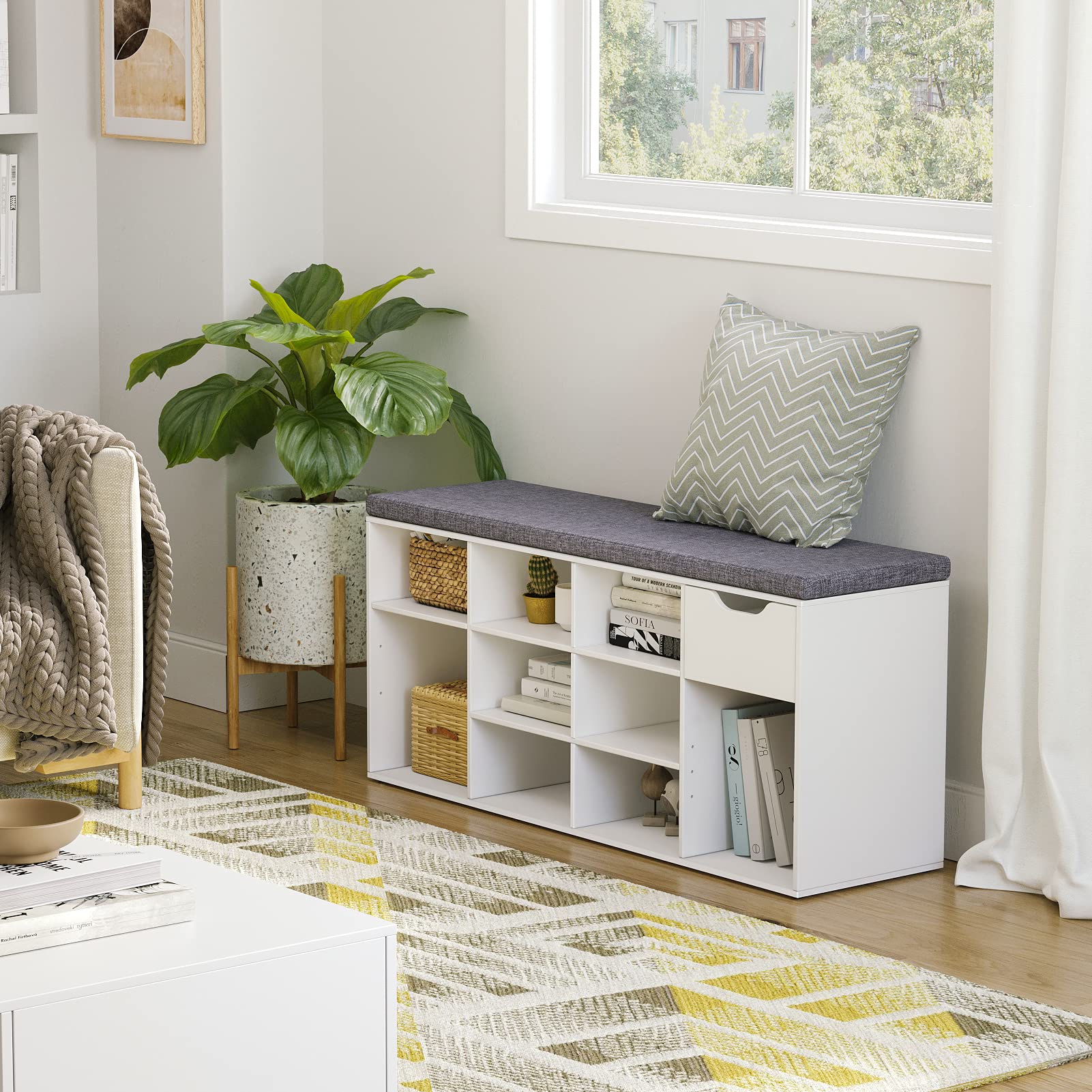 DINZI LVJ Shoe Bench with Drawer & 11 Cubbies - Adjustable Shelves Shoe Organizer Cabinet for Entryway, Living Room, Bedroom, Mudroom, Closet & Garage - White - Perfect for Small Space Organization & Shoe Storage Solutions
