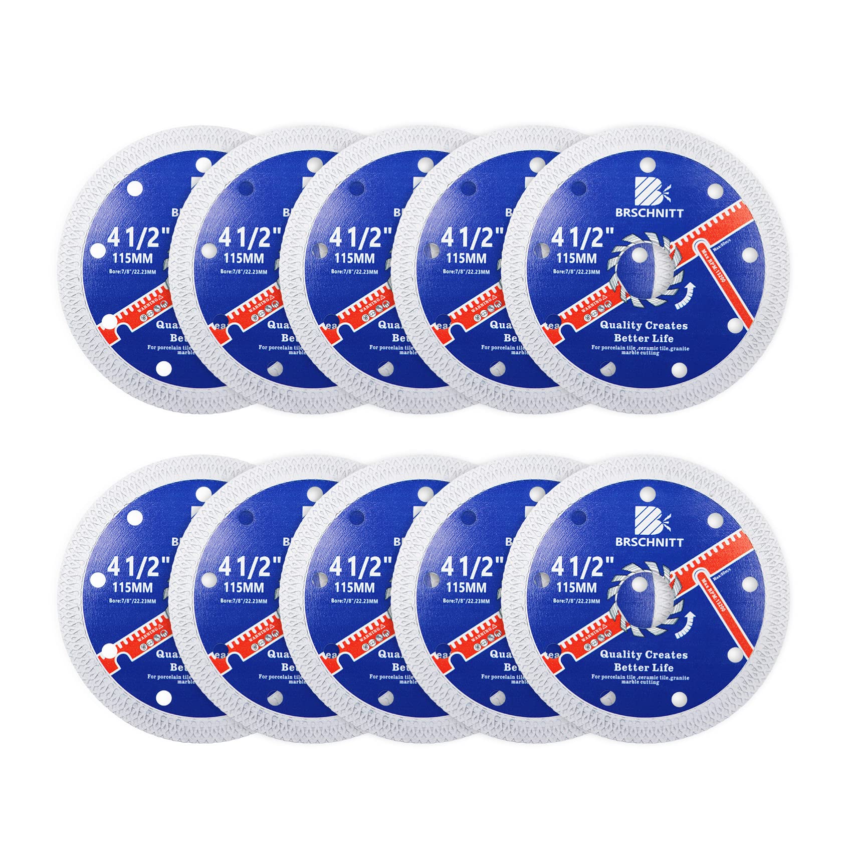 BRSCHNITT 10-Pack 4-1/2 Inch (115mm) Super Thin Diamond Porcelain Saw Blades with X Teeth, 7/8