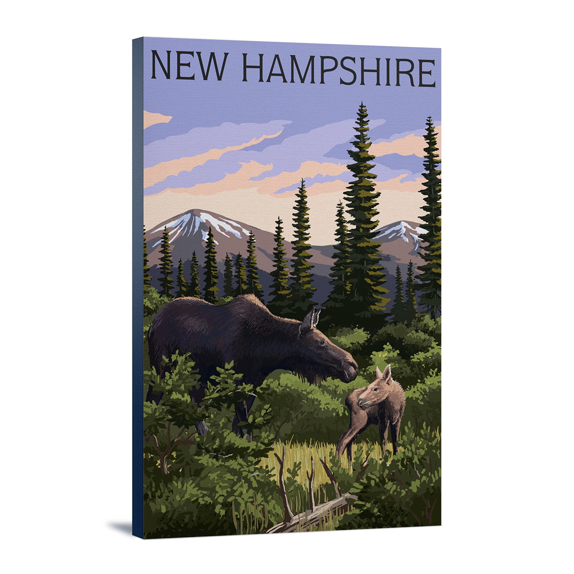 Lantern Press New Hampshire Moose and Calf Wall Art - 16x24 Wrapped Canvas for Living Room, Bedroom & Office Decor - Nature Wildlife Painting for Home & Cabin