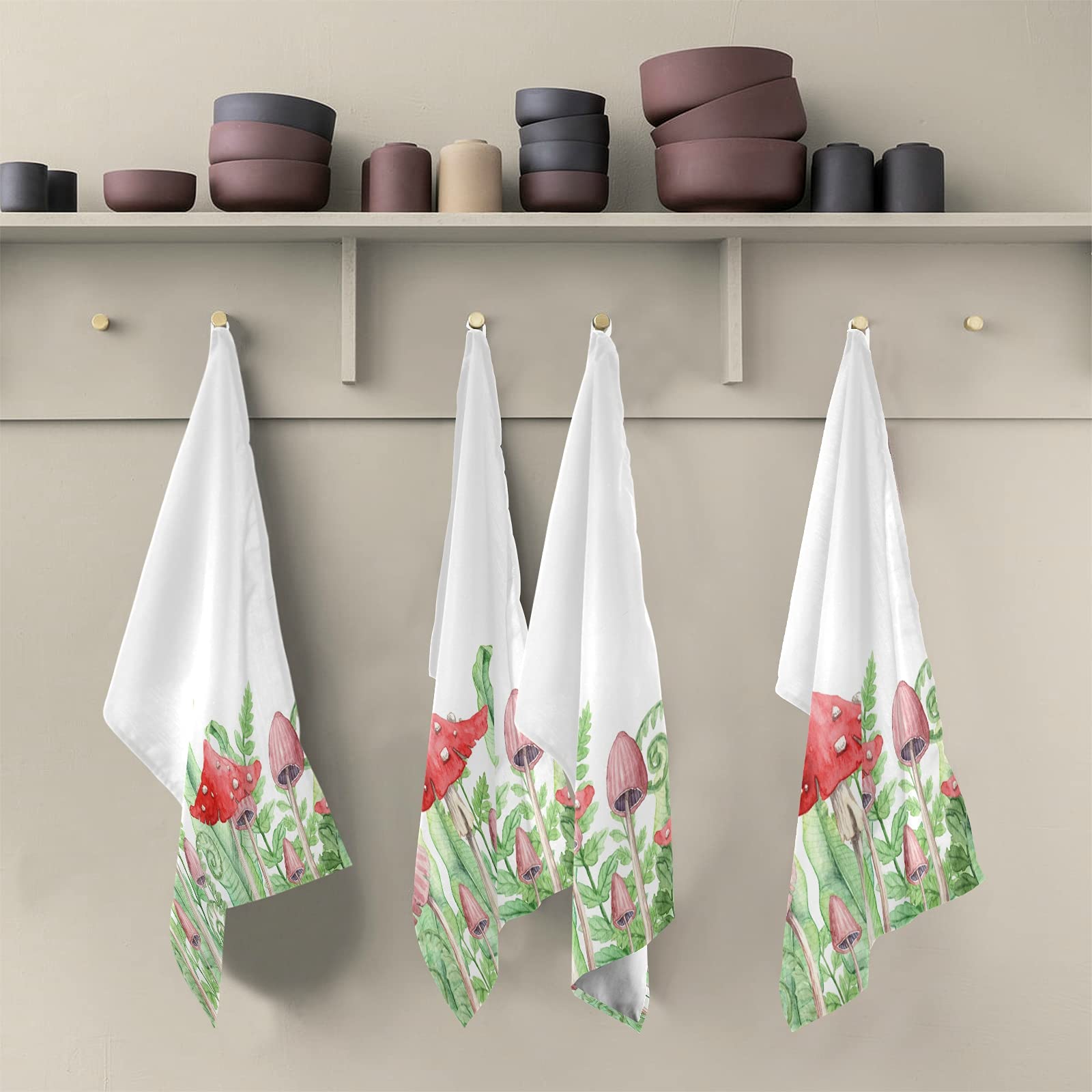 6-Pack Fern & Mushroom Print Kitchen Dish Towels - 18x28 Inch Soft Absorbent Fast-Drying Bath & Tea Towels for Kitchen, Bathroom & Bar Cleaning | Forest Leaves Design