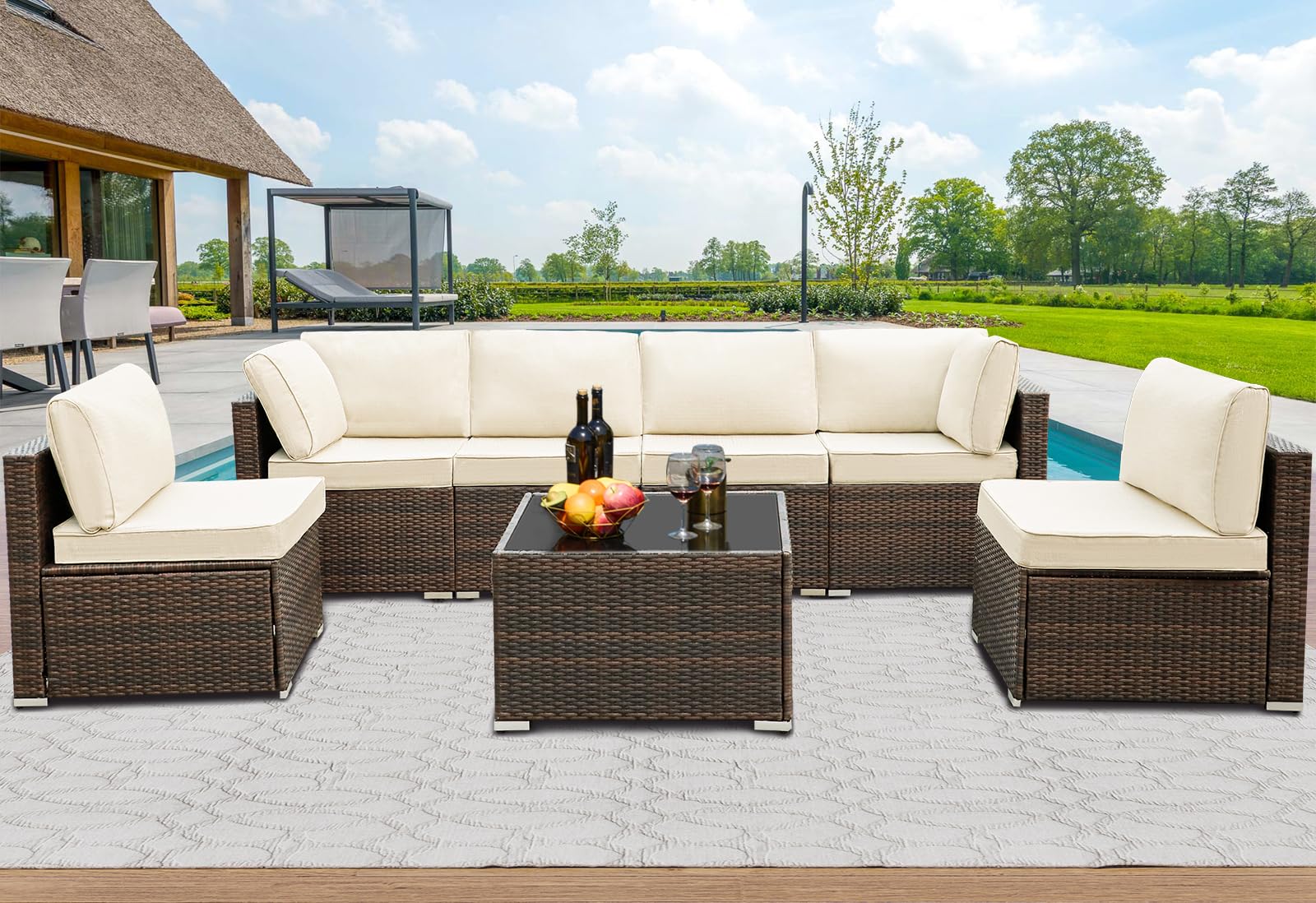 7-Piece All-Weather Wicker Patio Furniture Set with Cushions & Coffee Table - Outdoor Sectional Conversation Set for Garden, Poolside, Backyard (Brown) | Perfect for Relaxing, Entertaining & Outdoor Gatherings