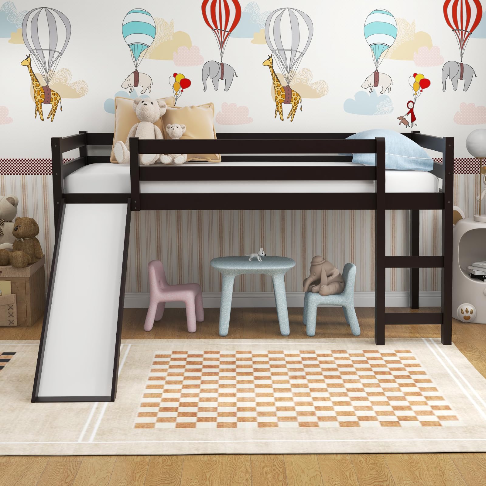 Giantex Twin Loft Bed with Slide - Wooden Low Loft Bed for Kids & Toddlers - Twin Bed Frame with Climbing Ladder & Storage - No Box Spring Needed - Espresso Finish - Perfect for Small Bedrooms, Playrooms & Kids' Sleepovers