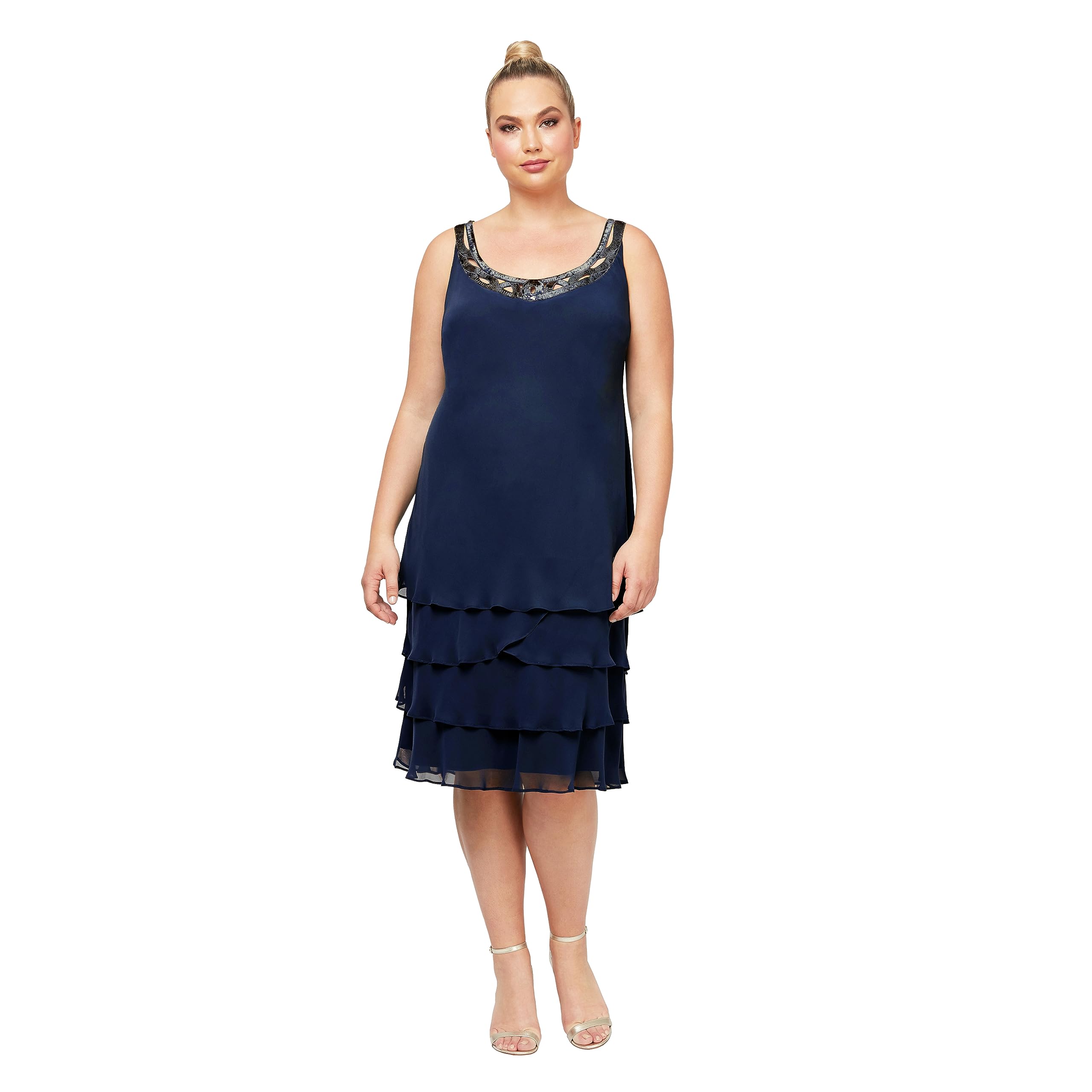 Women's Plus Size Embellished Shoulder Chiffon Tiered Jacket - Elegant Mother of The Bride Dress for Weddings, Parties & Special Occasions | S.L. Fashions